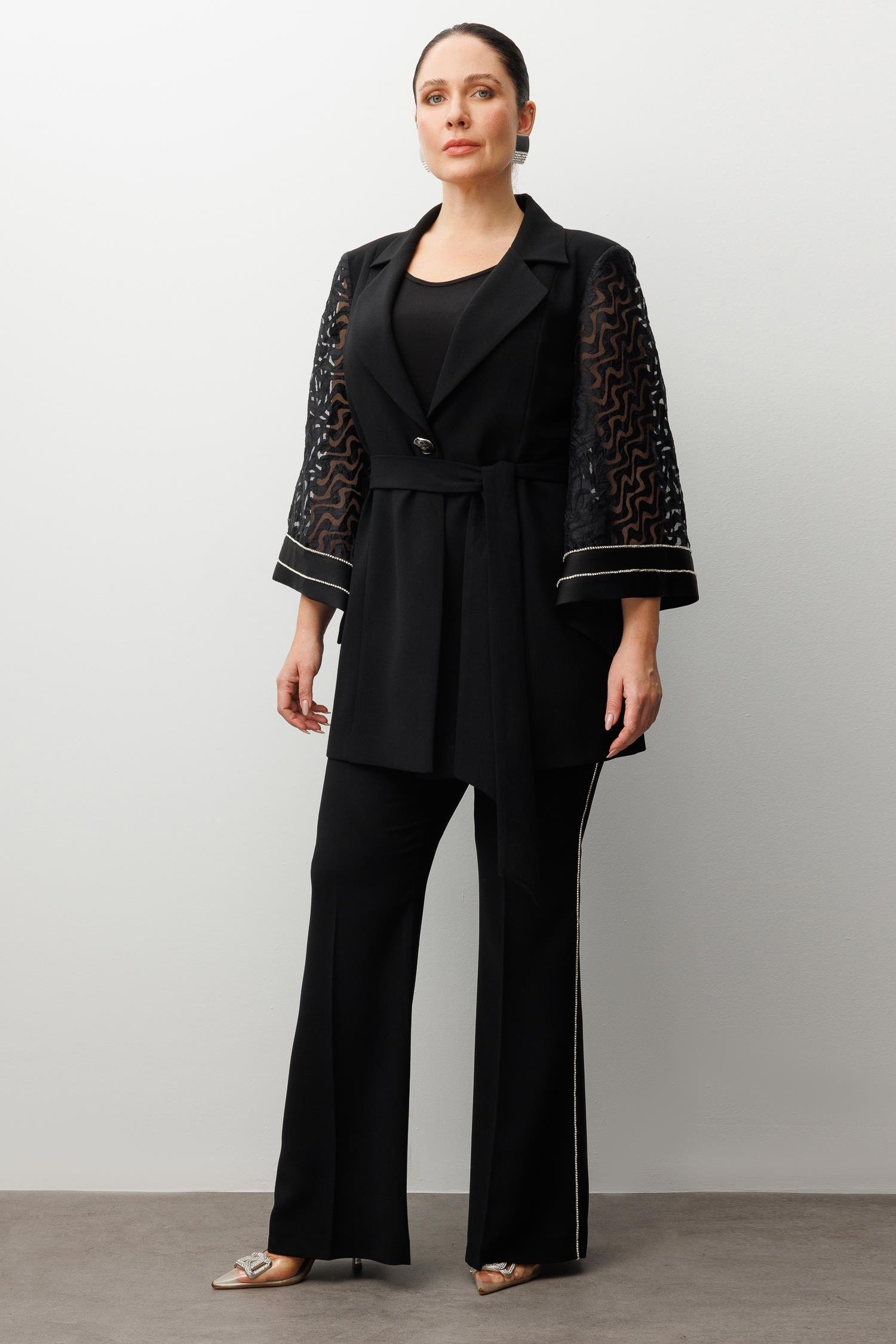 Modailgi  Evaze Kol Şerit Taş Aksesuarlı Uzun Ceket - 30037 Siyah