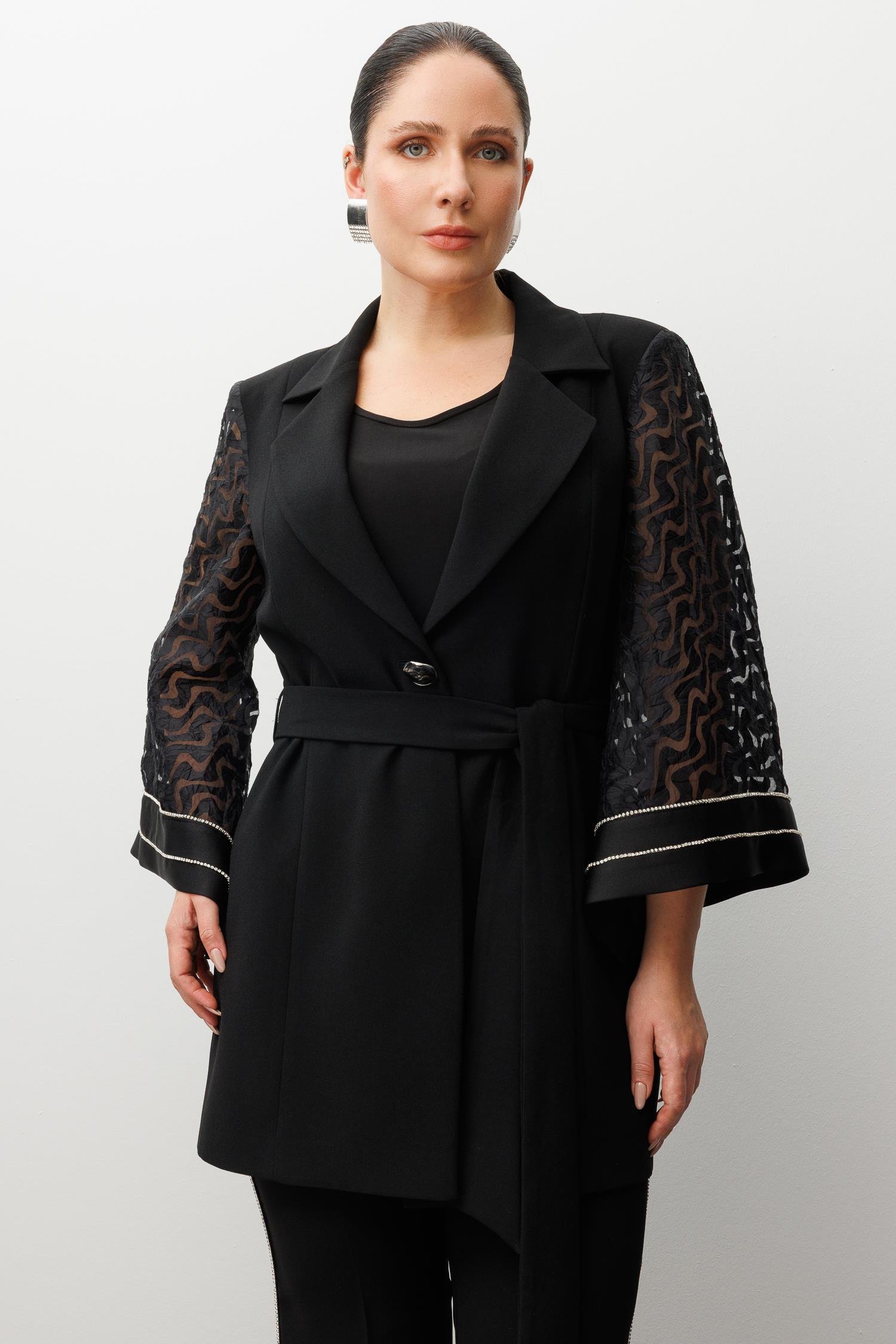 Modailgi  Evaze Kol Şerit Taş Aksesuarlı Uzun Ceket - 30037 Siyah