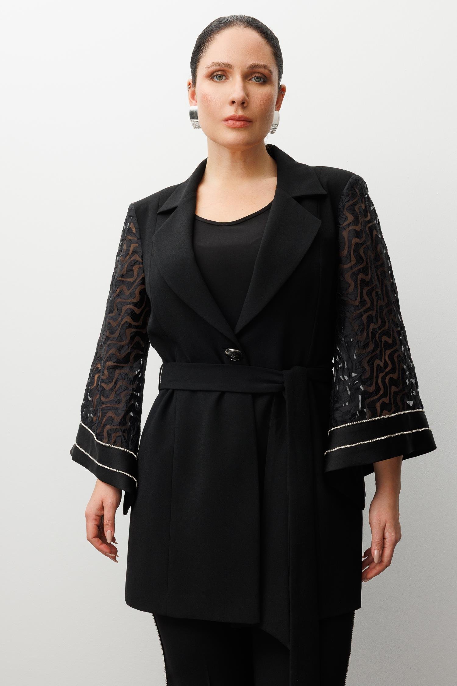 Modailgi  Evaze Kol Şerit Taş Aksesuarlı Uzun Ceket - 30037 Siyah