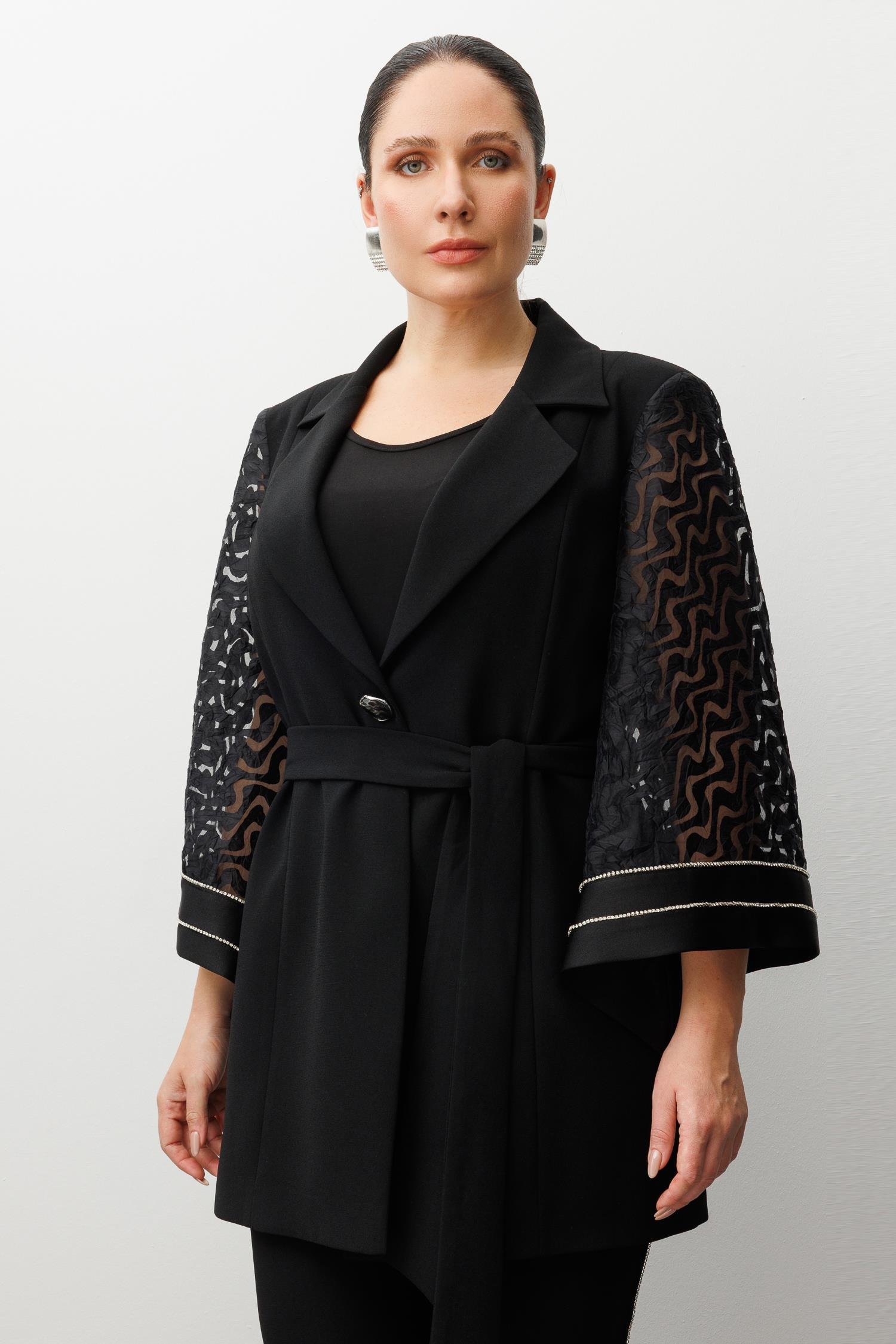 Modailgi  Evaze Kol Şerit Taş Aksesuarlı Uzun Ceket - 30037 Siyah