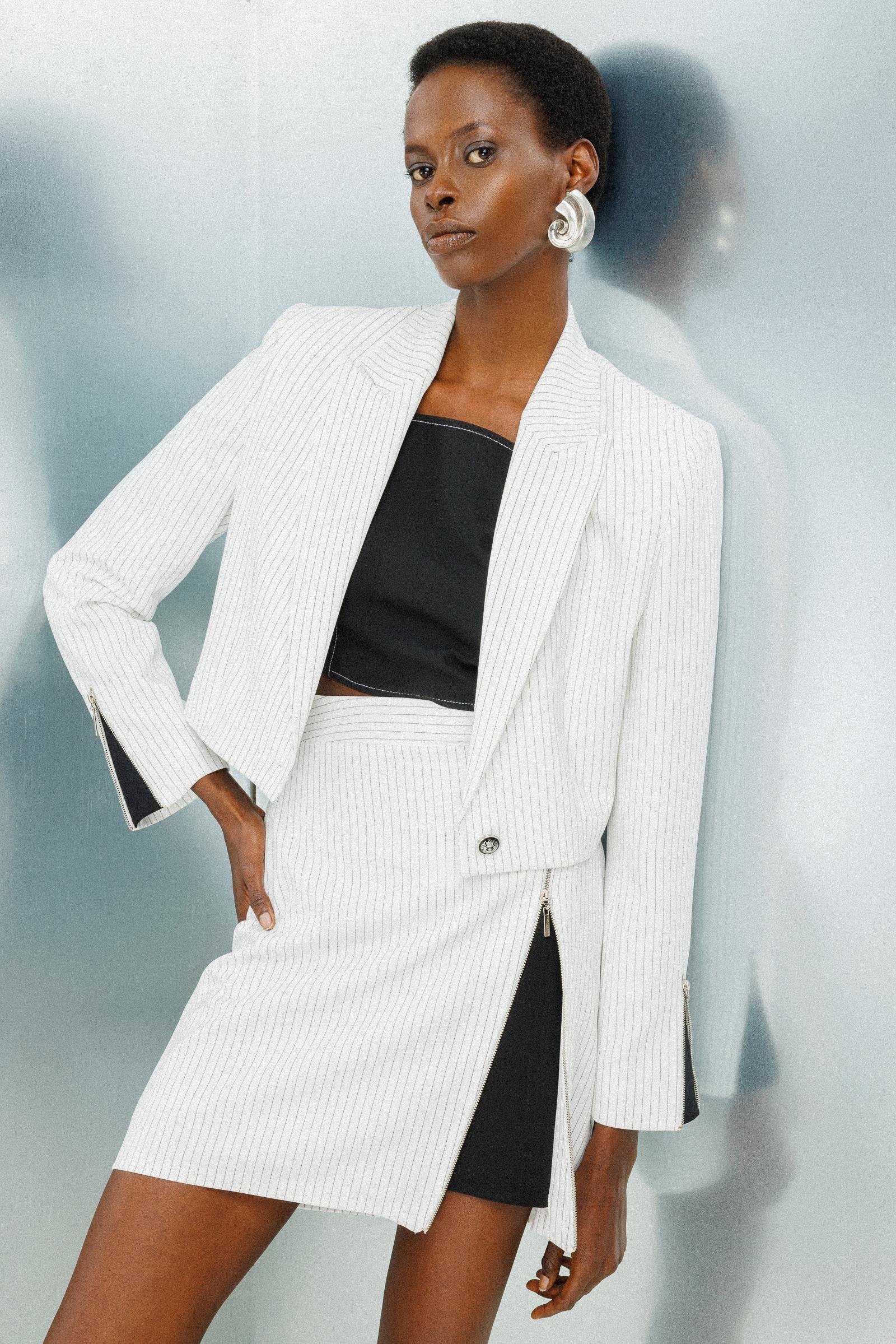 Modailgi  Fermuar Detaylı Yırtmaç Görünümlü Çizgili Çan Etek Ekru