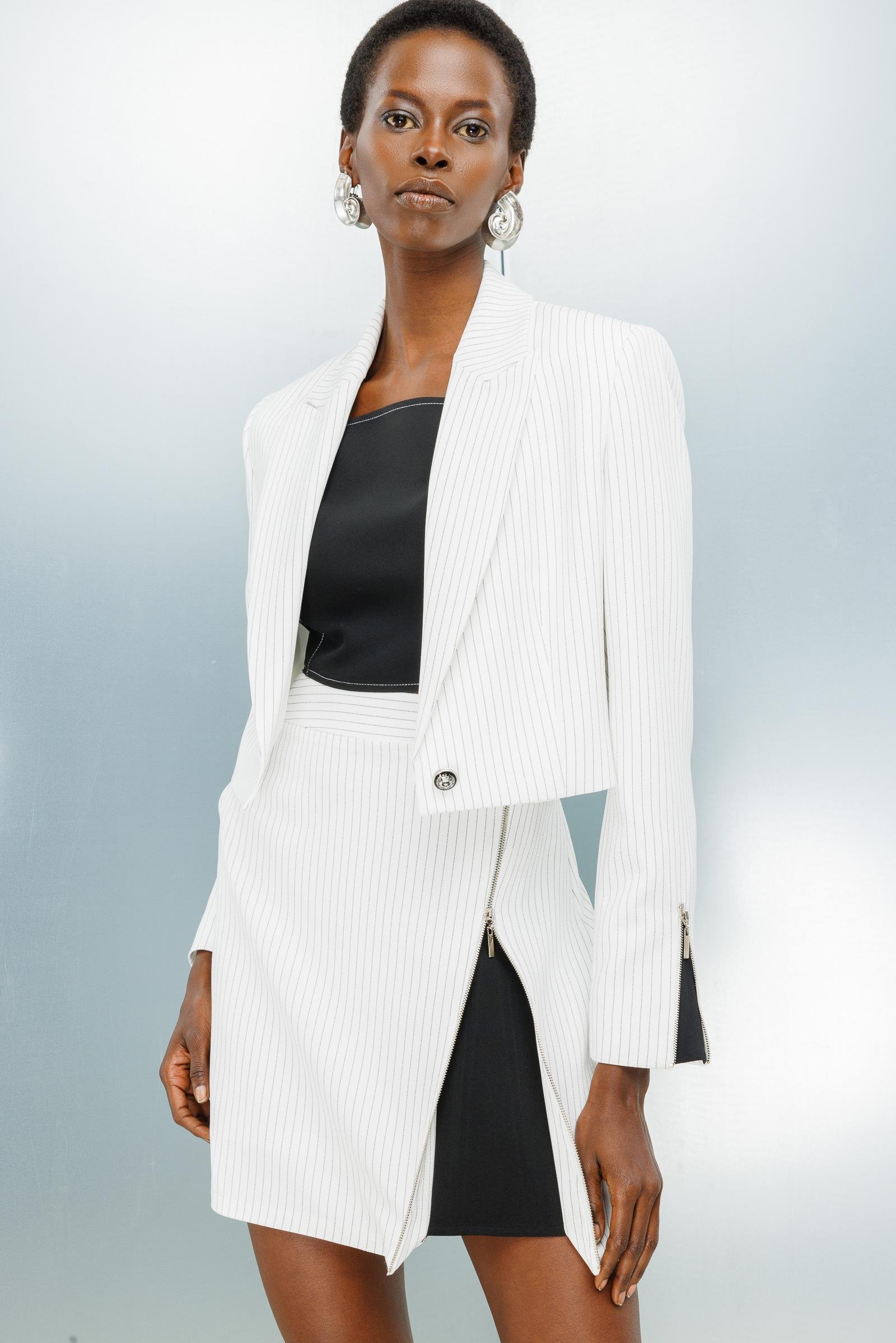 Modailgi  Fermuar Detaylı Yırtmaç Görünümlü Çizgili Çan Etek Ekru