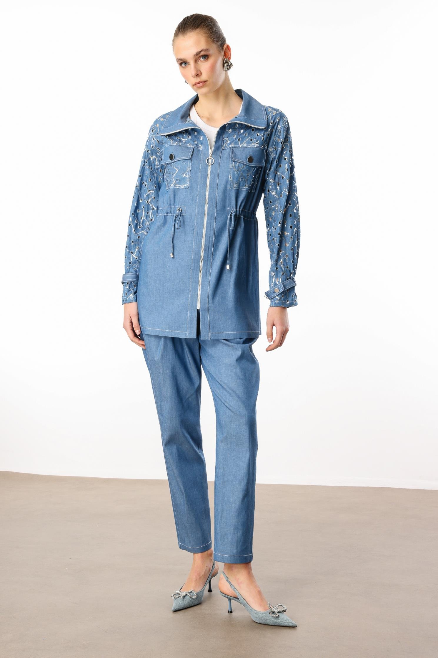 Modailgi  Fermuar Kapamalı Beli Tünelli Rahat Kesim Tunik Mavi