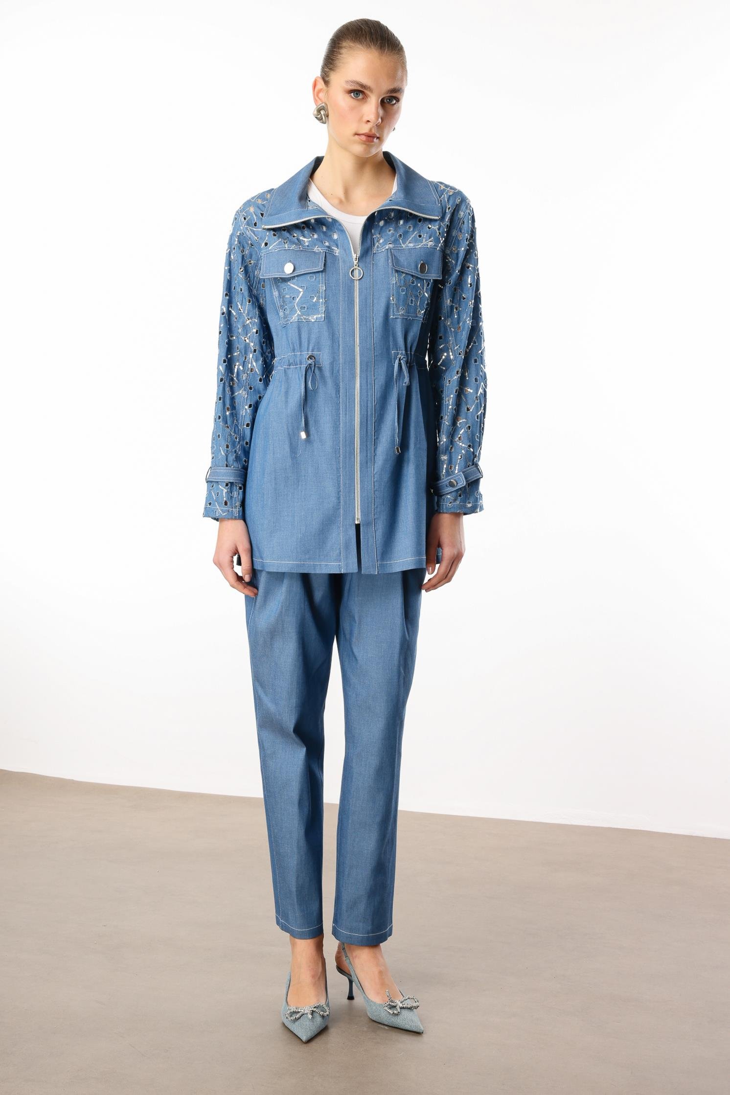 Modailgi  Fermuar Kapamalı Beli Tünelli Rahat Kesim Tunik Mavi