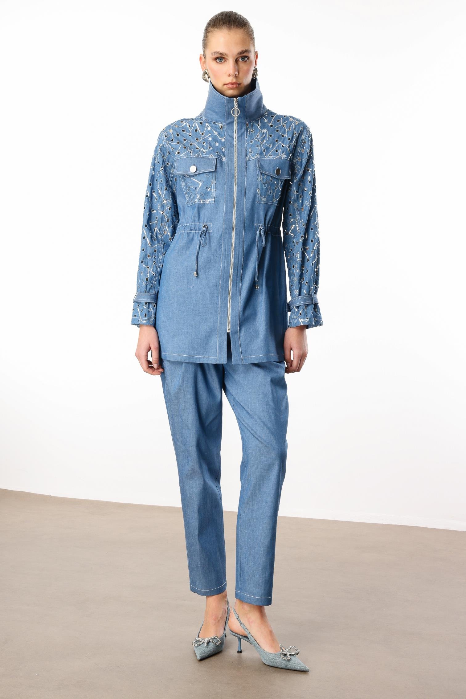 Modailgi  Fermuar Kapamalı Beli Tünelli Rahat Kesim Tunik Mavi