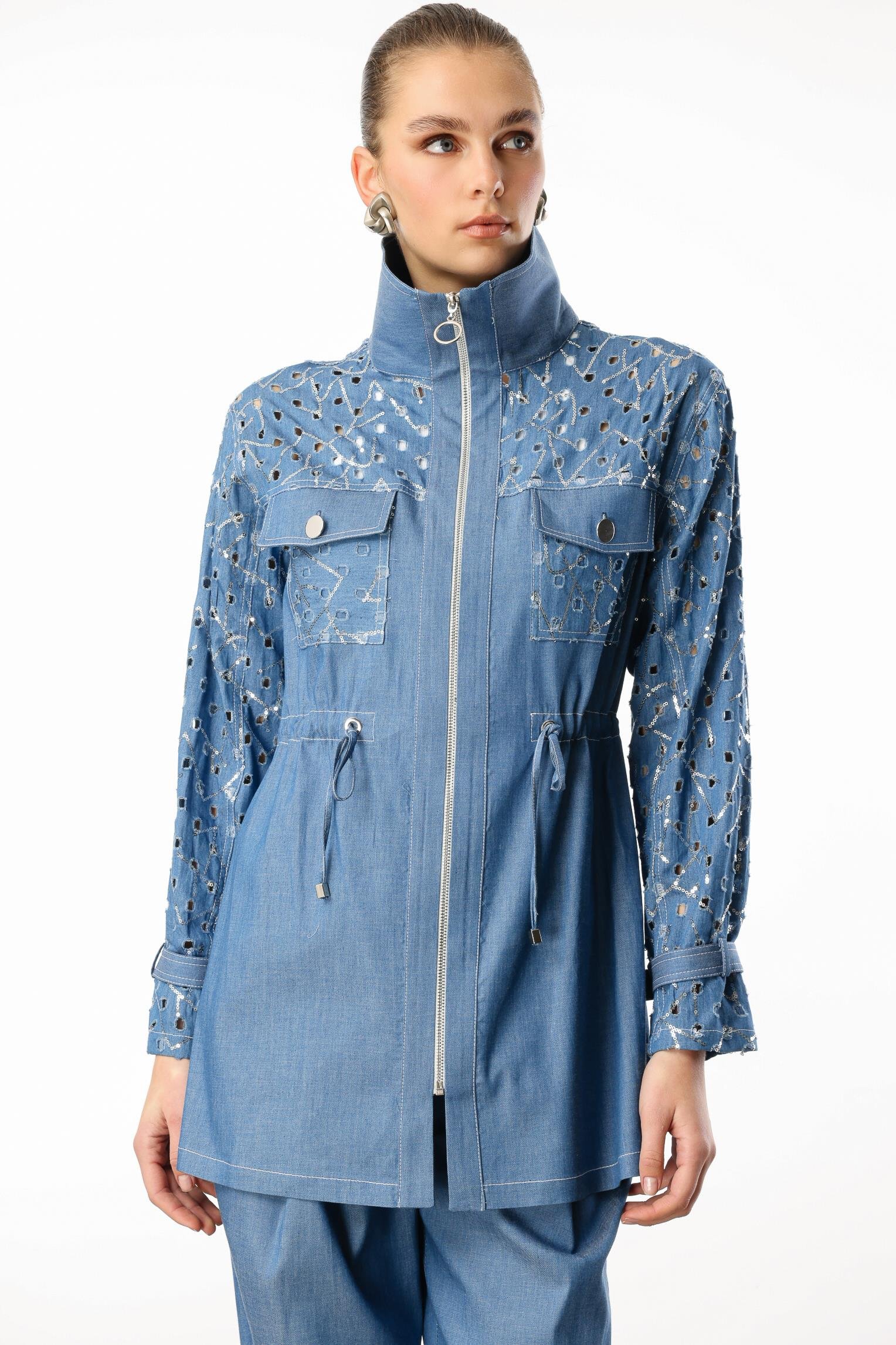 Modailgi  Fermuar Kapamalı Beli Tünelli Rahat Kesim Tunik Mavi