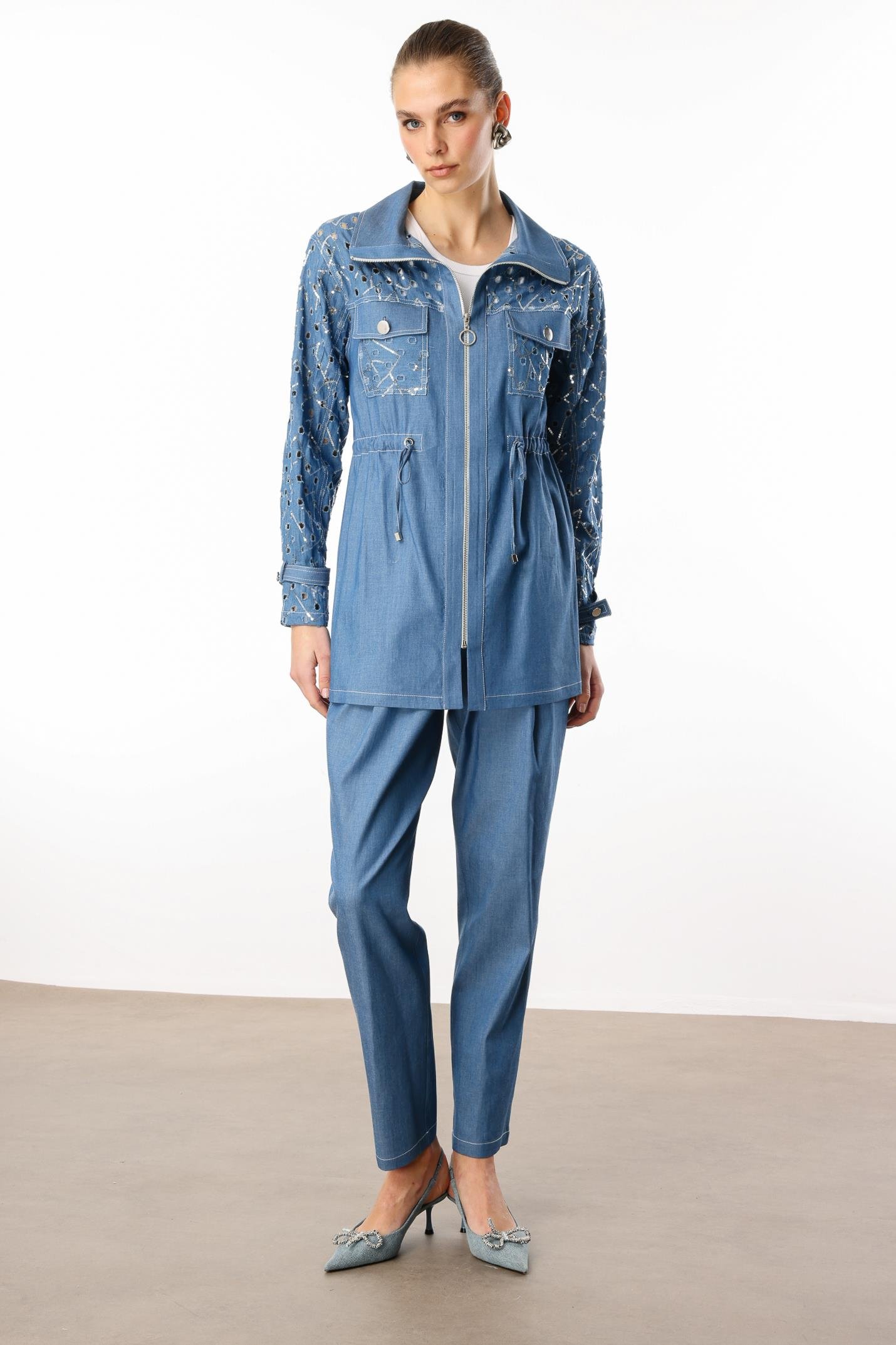 Modailgi  Fermuar Kapamalı Beli Tünelli Rahat Kesim Tunik Mavi