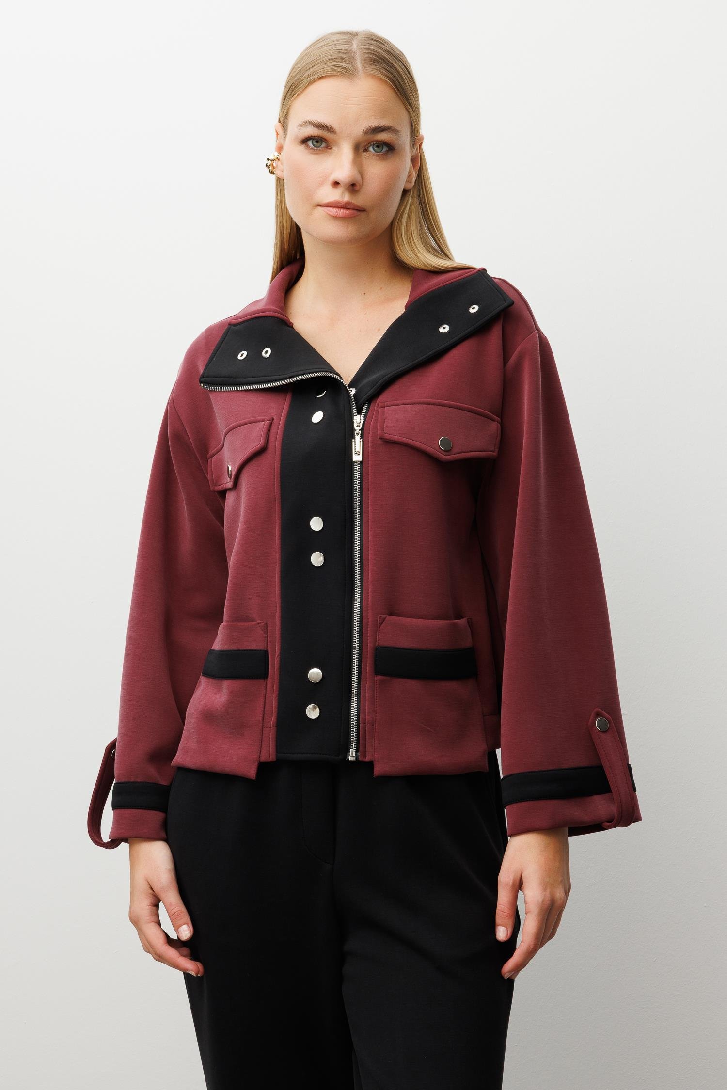 Modailgi  Fermuar Kapamalı Düşük Kol Cep Ve Apolet Detaylı Kısa Devrik Yaka Gömlek - 40064 Bordo