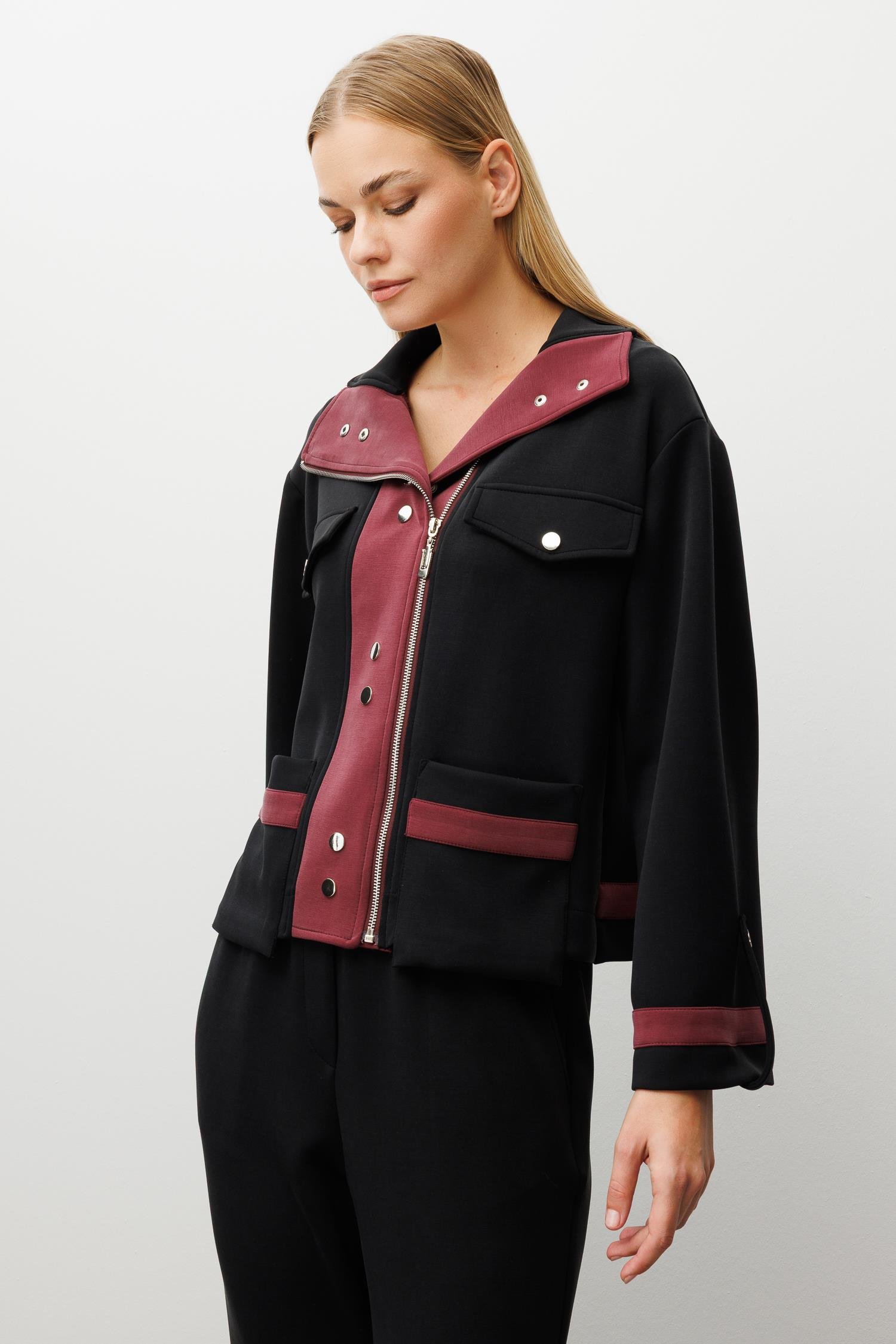 Modailgi  Fermuar Kapamalı Düşük Kol Cep Ve Apolet Detaylı Kısa Devrik Yaka Gömlek - 40064 Siyah