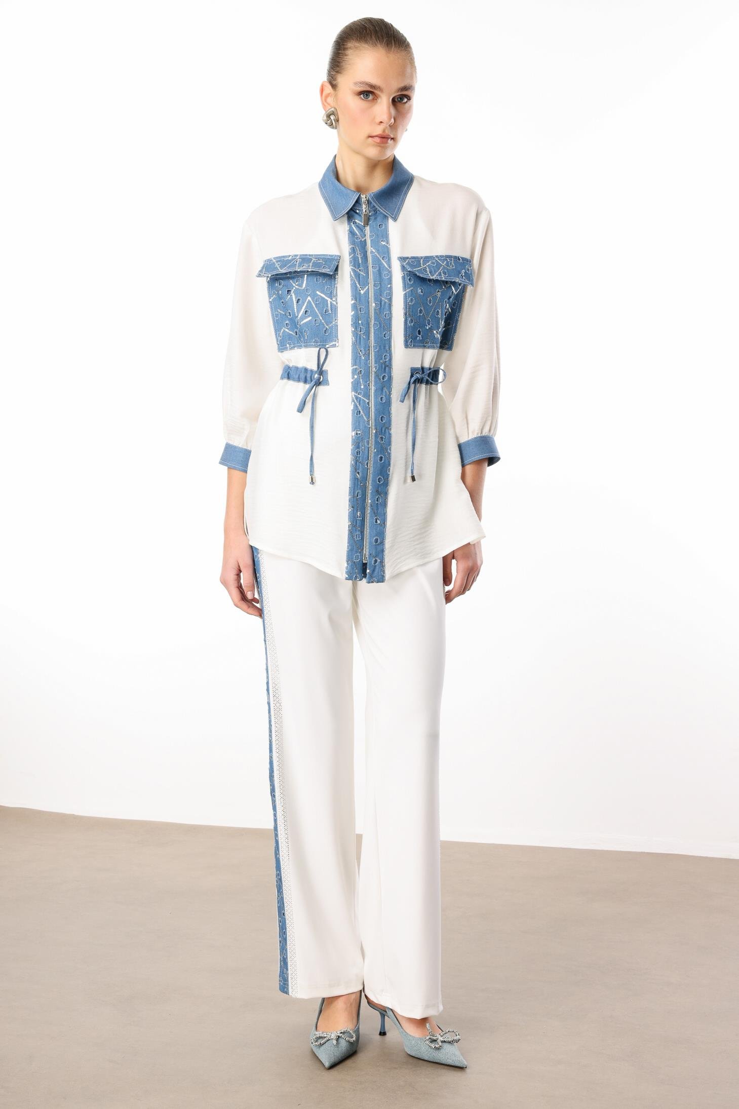 Modailgi  Fermuar Kapamalı Düz ve Pullu Tencel Kumaş Garnili Tunik Orijinal