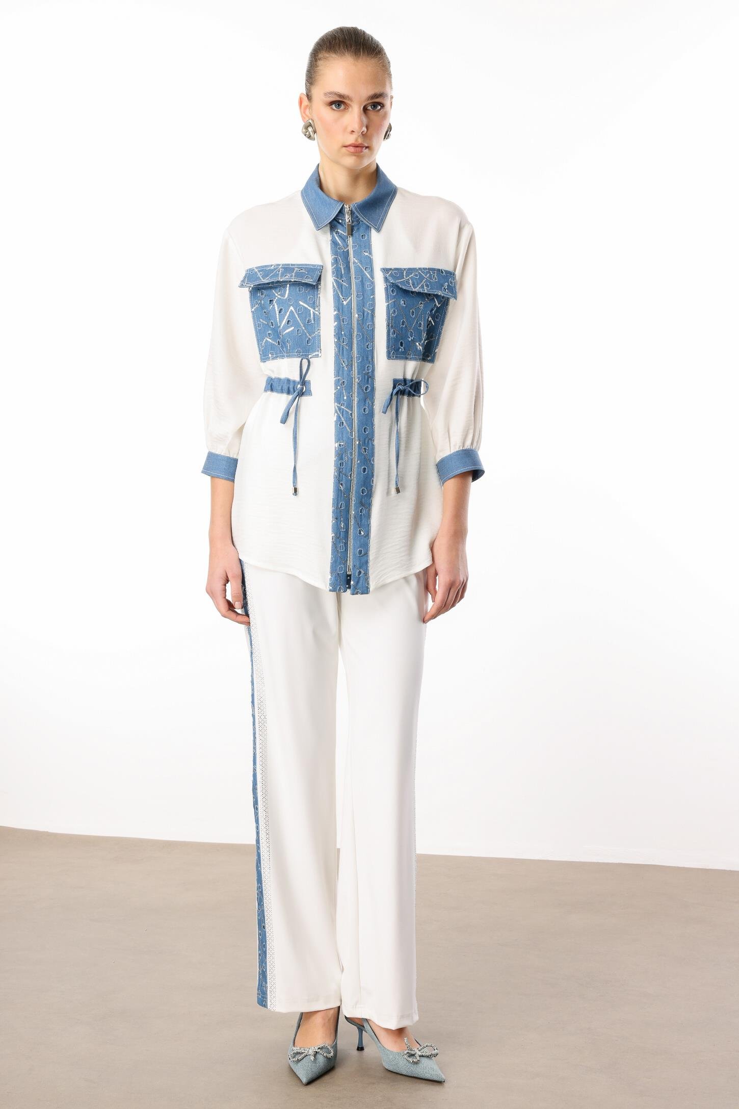 Modailgi  Fermuar Kapamalı Düz ve Pullu Tencel Kumaş Garnili Tunik Orijinal