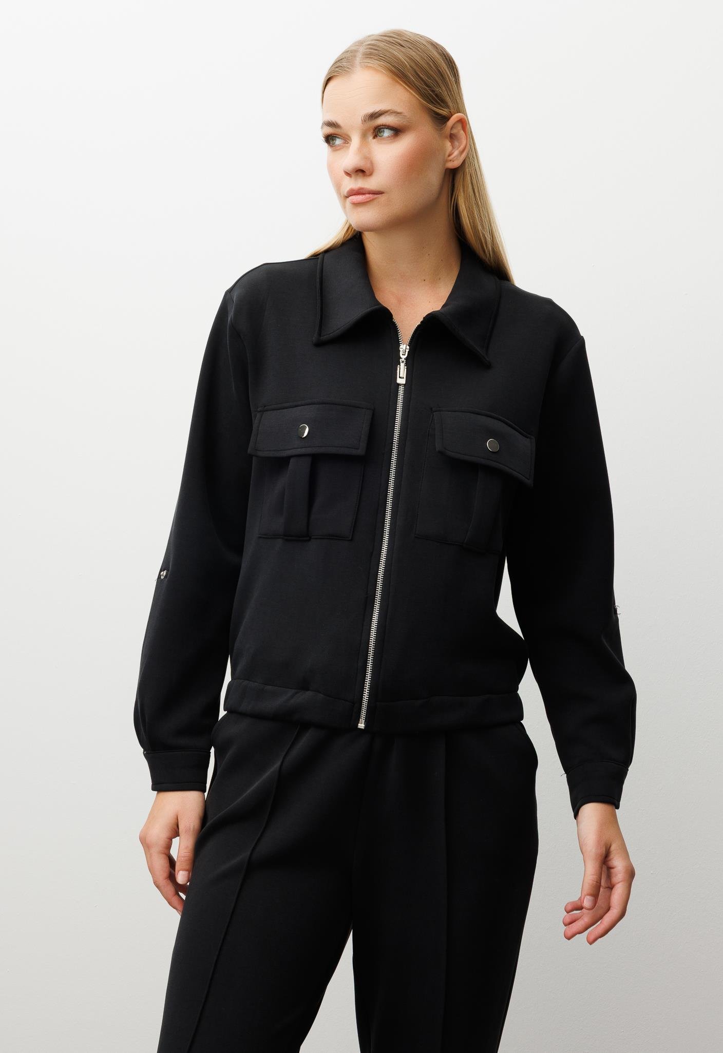 Modailgi  Fermuar Kapamalı Etek Altı Lastikli Kapak Cep Detaylı Örme Gömlek - 40055 Siyah