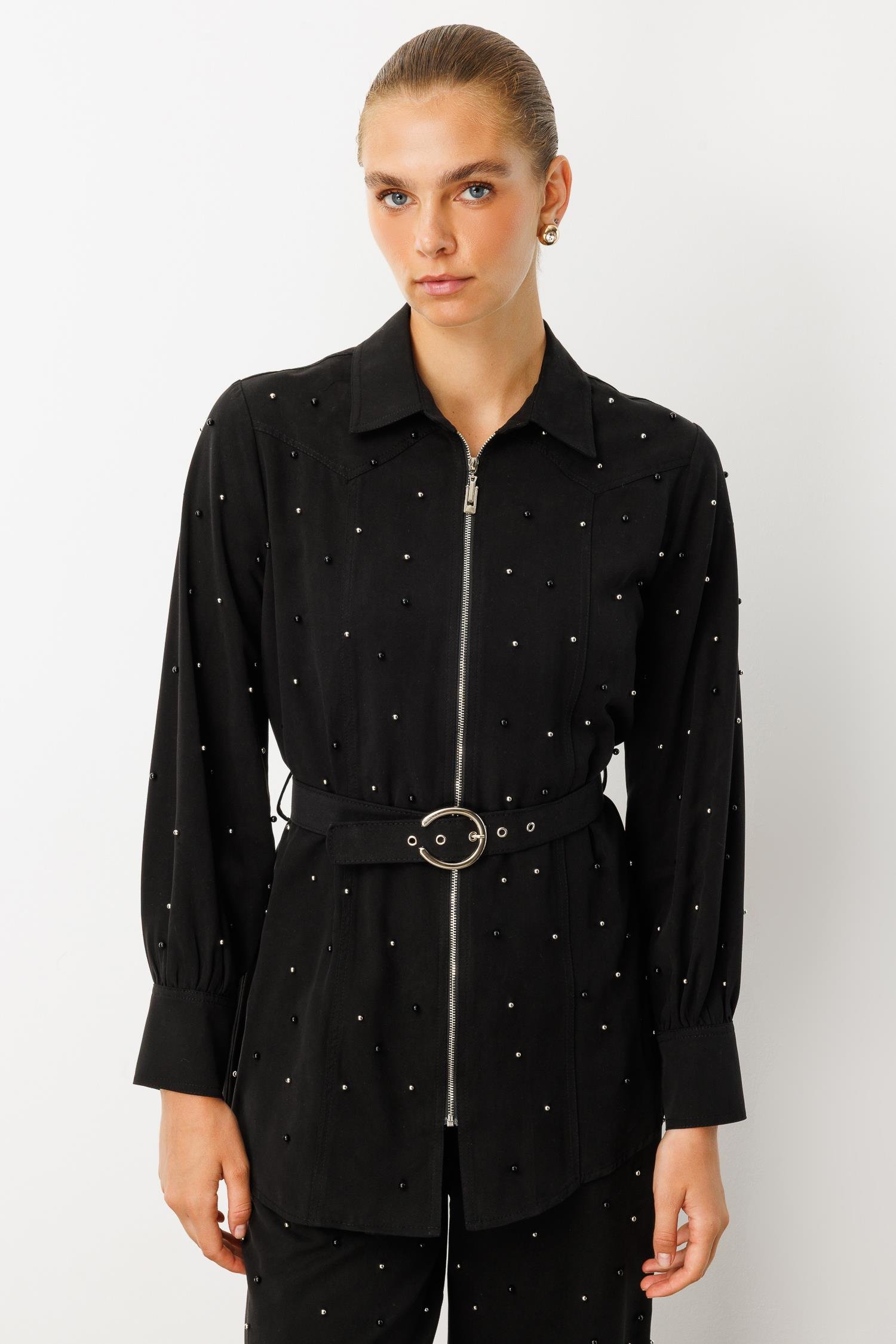 Modailgi  Fermuar Kapamalı İnci Detaylı Beli Kemerli Rahat Kesim Tunik - 40041 Siyah