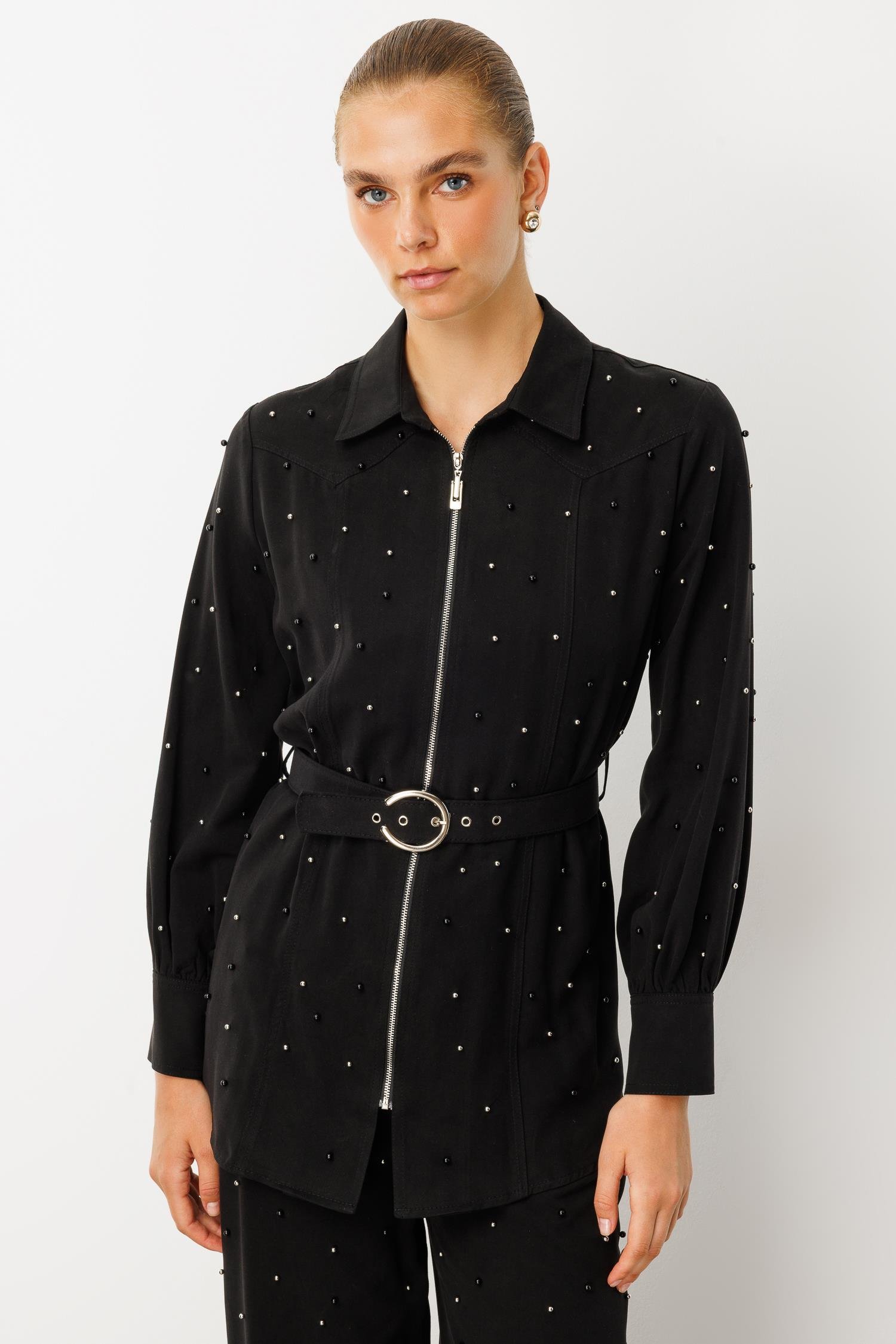 Modailgi  Fermuar Kapamalı İnci Detaylı Beli Kemerli Rahat Kesim Tunik - 40041 Siyah