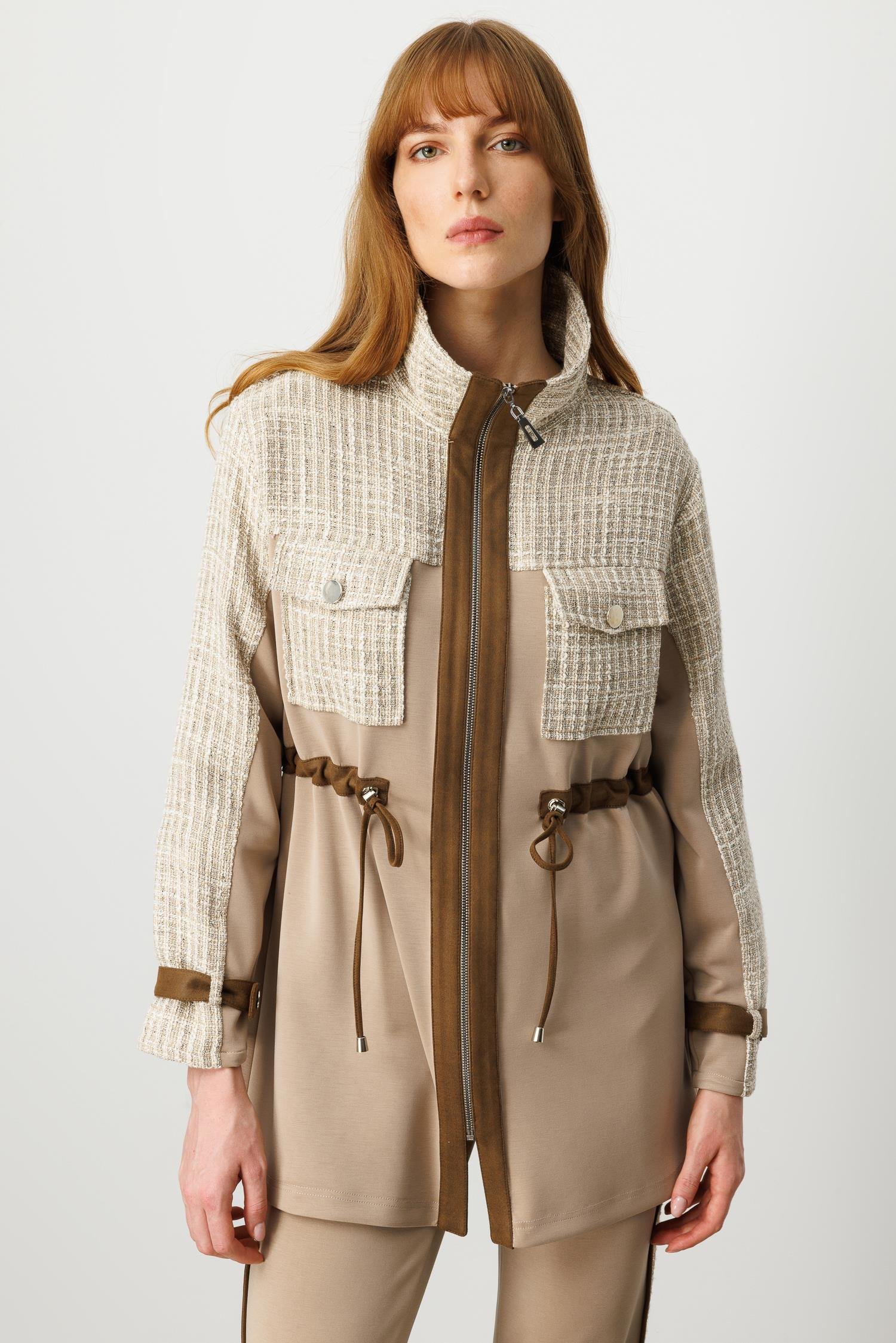 Modailgi  Fermuar Kapamalı Tünel Bağcık Detaylı Düz Kumaş Garni Detaylı Tunik - 40050 Vizon