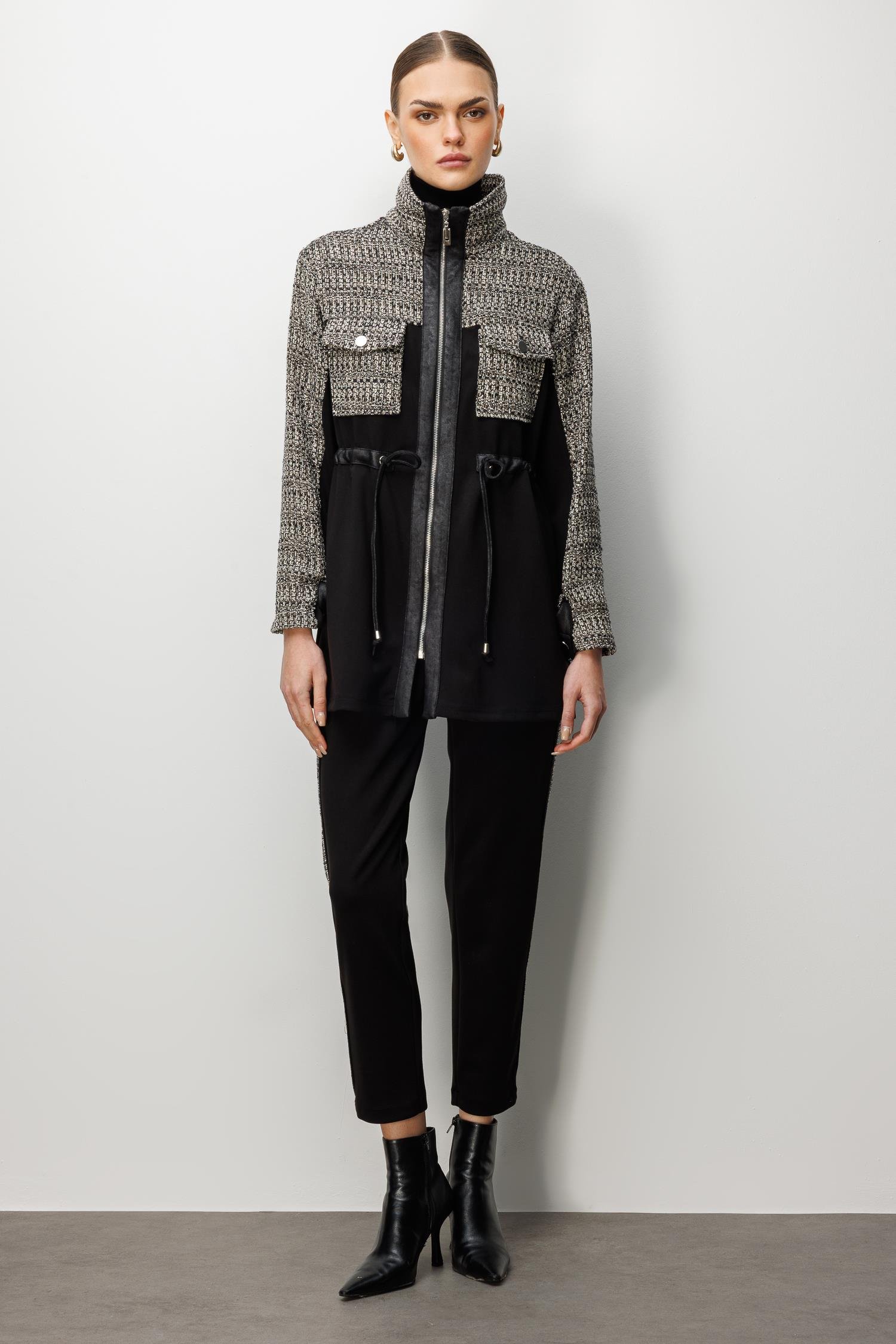 Modailgi  Fermuar Kapamalı Tünel Bağcık Detaylı Düz Kumaş Garni Detaylı Tunik - 40050 Siyah