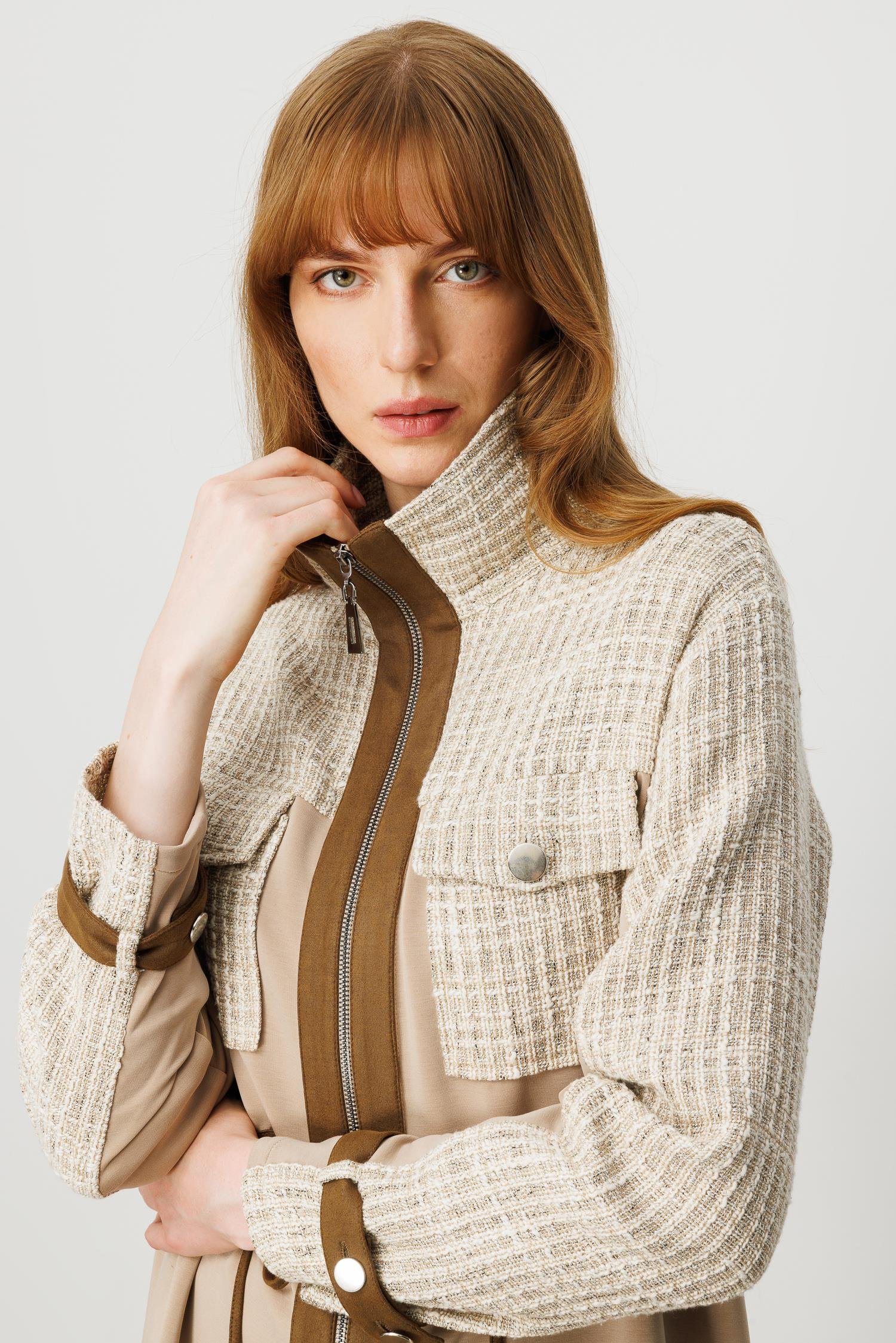 Modailgi  Fermuar Kapamalı Tünel Bağcık Detaylı Düz Kumaş Garni Detaylı Tunik - 40050 Vizon