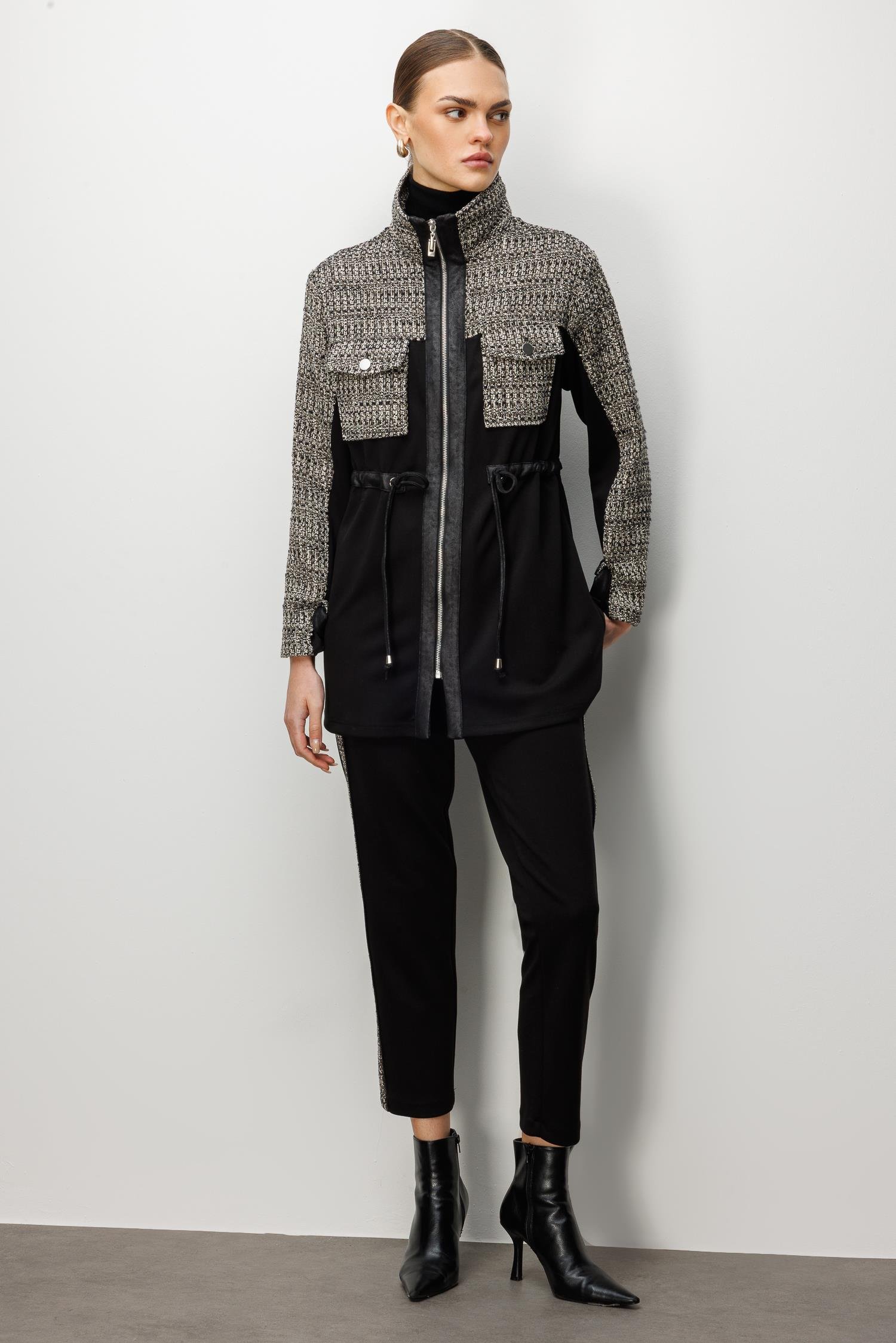 Modailgi  Fermuar Kapamalı Tünel Bağcık Detaylı Düz Kumaş Garni Detaylı Tunik - 40050 Siyah