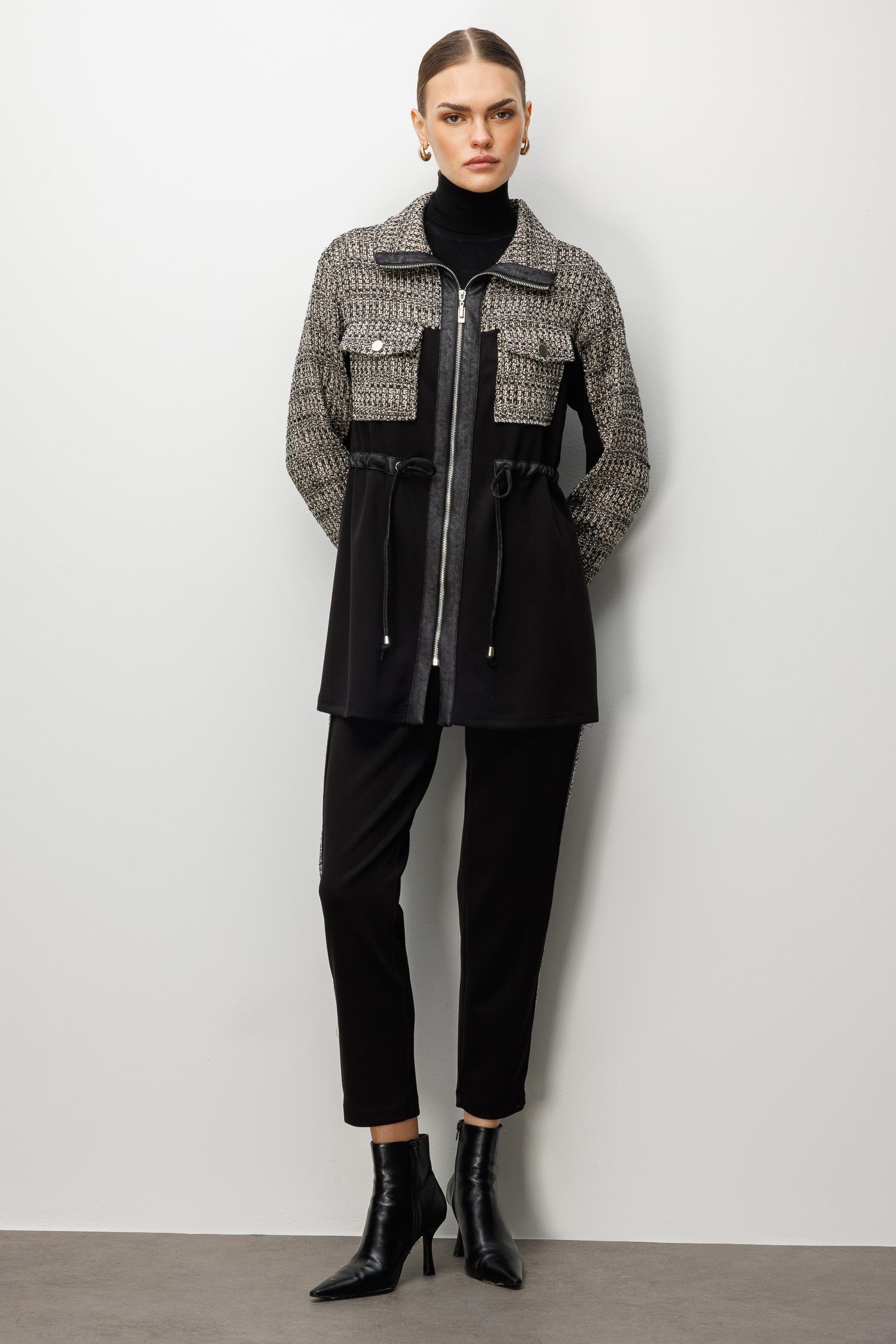 Modailgi  Fermuar Kapamalı Tünel Bağcık Detaylı Düz Kumaş Garni Detaylı Tunik - 40050 Siyah