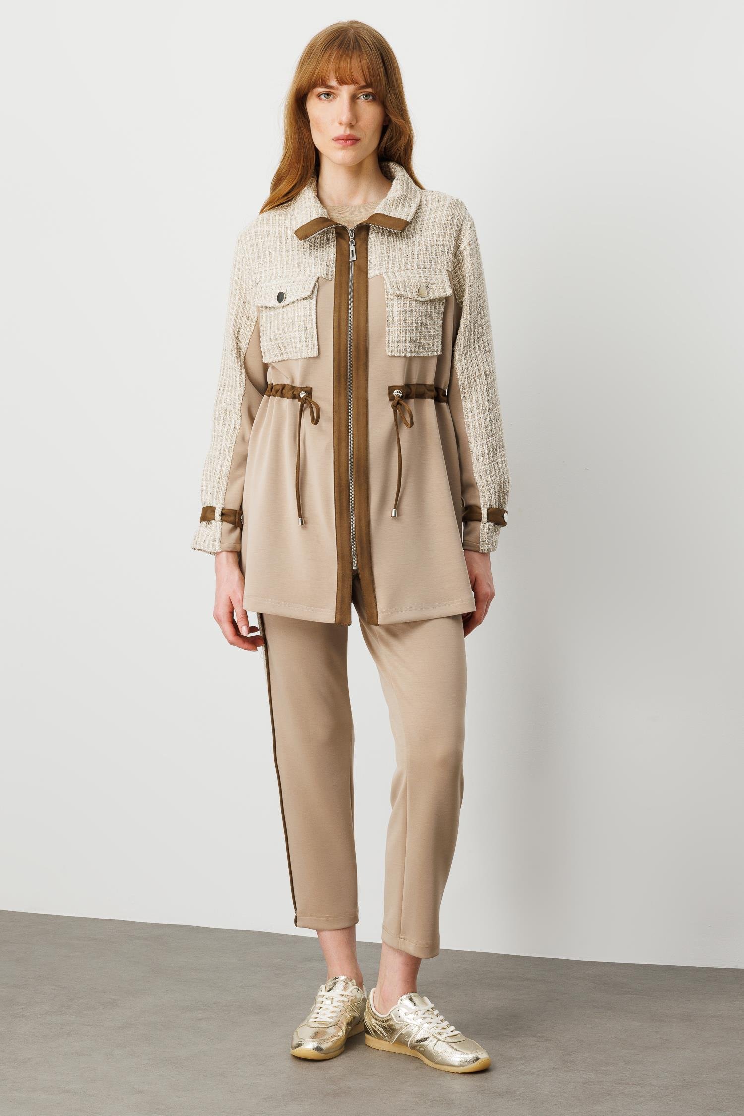 Modailgi  Fermuar Kapamalı Tünel Bağcık Detaylı Düz Kumaş Garni Detaylı Tunik - 40050 Vizon