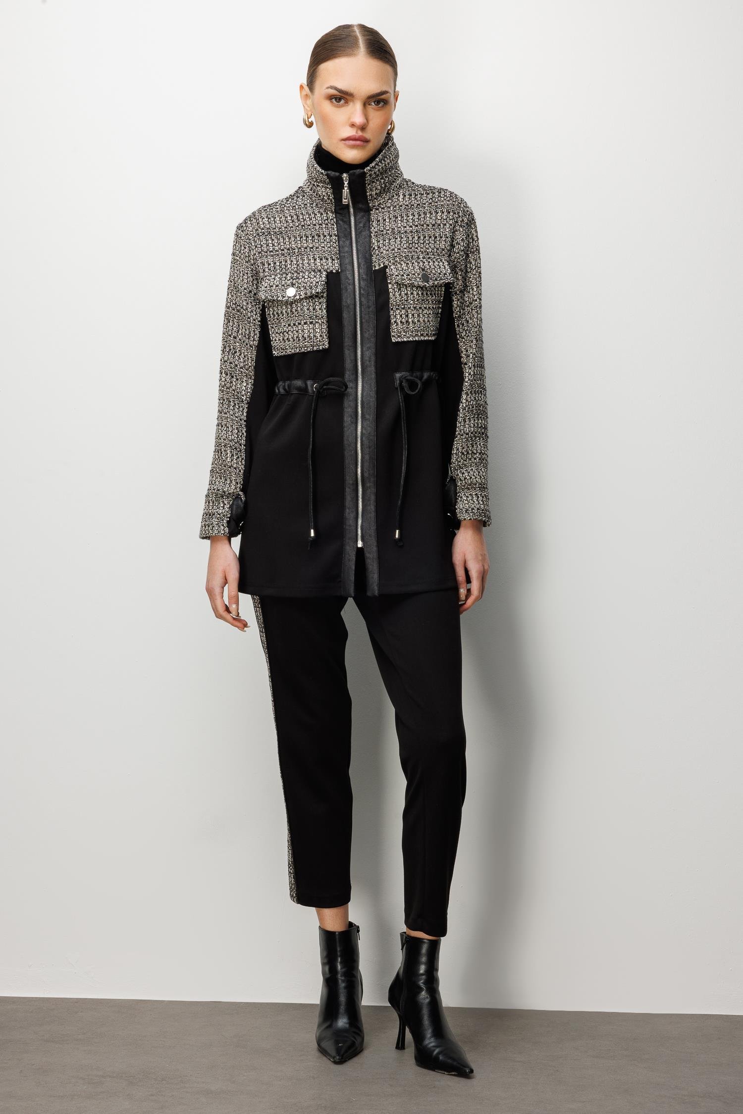 Modailgi  Fermuar Kapamalı Tünel Bağcık Detaylı Düz Kumaş Garni Detaylı Tunik - 40050 Siyah