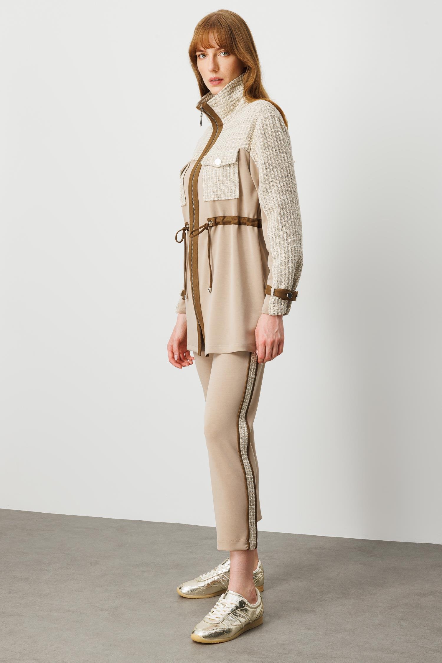 Modailgi  Fermuar Kapamalı Tünel Bağcık Detaylı Düz Kumaş Garni Detaylı Tunik - 40050 Vizon