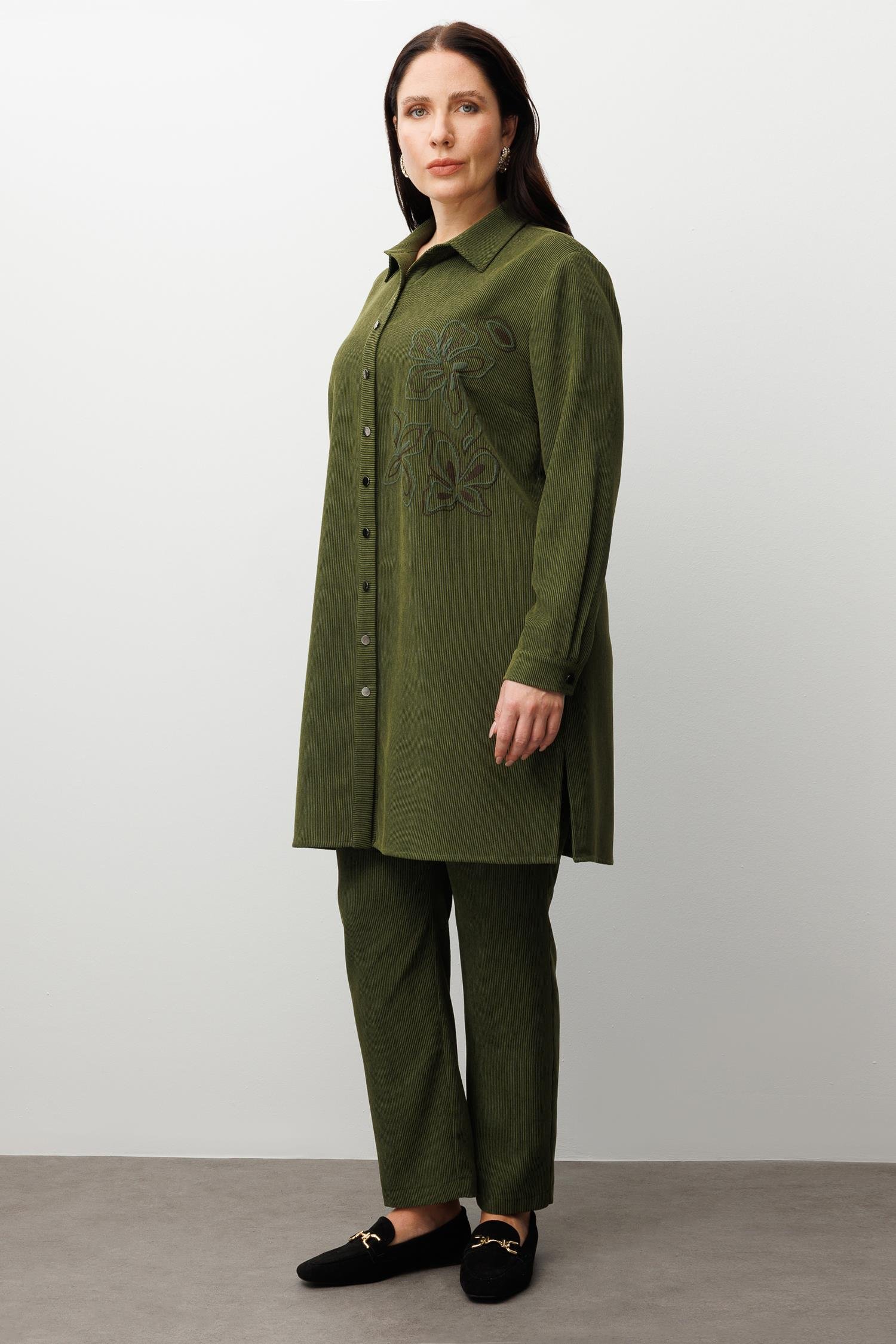 Modailgi  Fitilli Kadife Çiçek Baskılı Tunik Yeşil