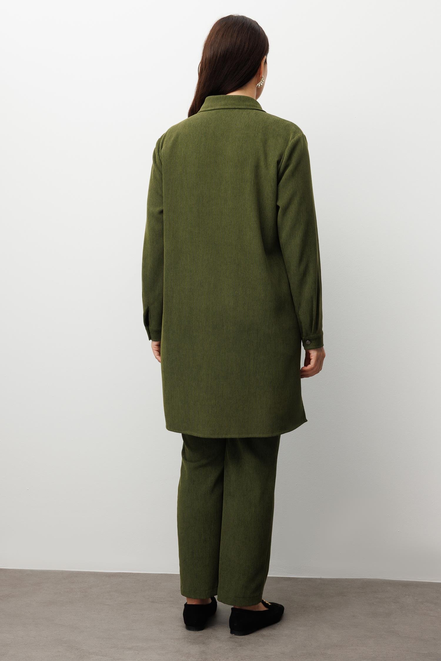 Modailgi  Fitilli Kadife Çiçek Baskılı Tunik Yeşil