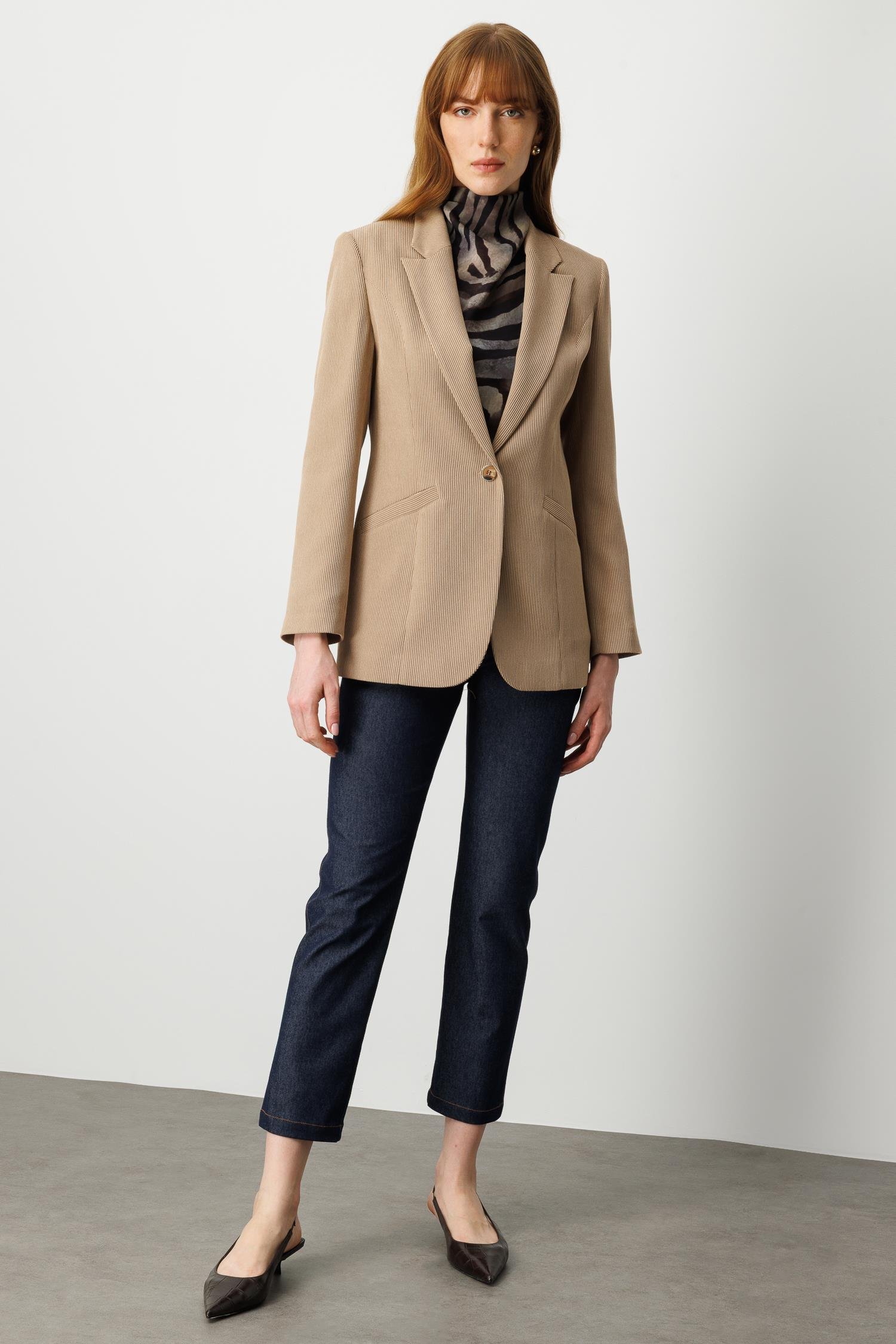 Modailgi  Fitilli Kadife Tek Düğme Klasik Ceket Vizon