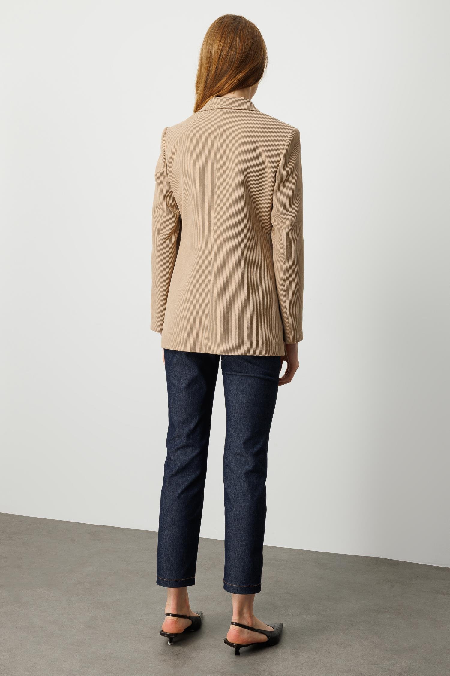 Modailgi  Fitilli Kadife Tek Düğme Klasik Ceket Vizon