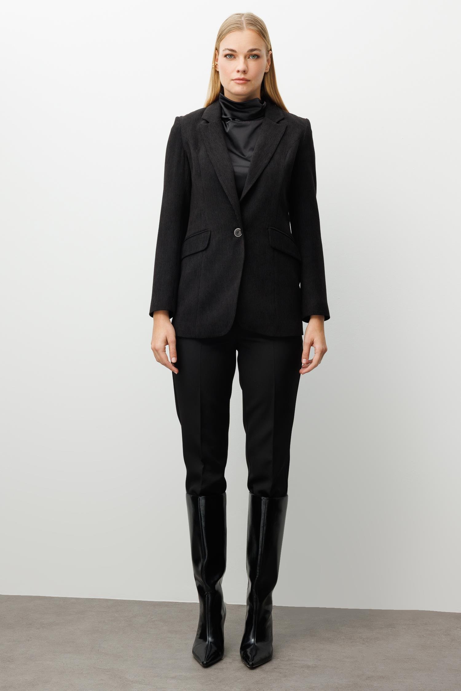 Modailgi  Fitilli Kadife Tek Düğme Klasik Ceket Siyah