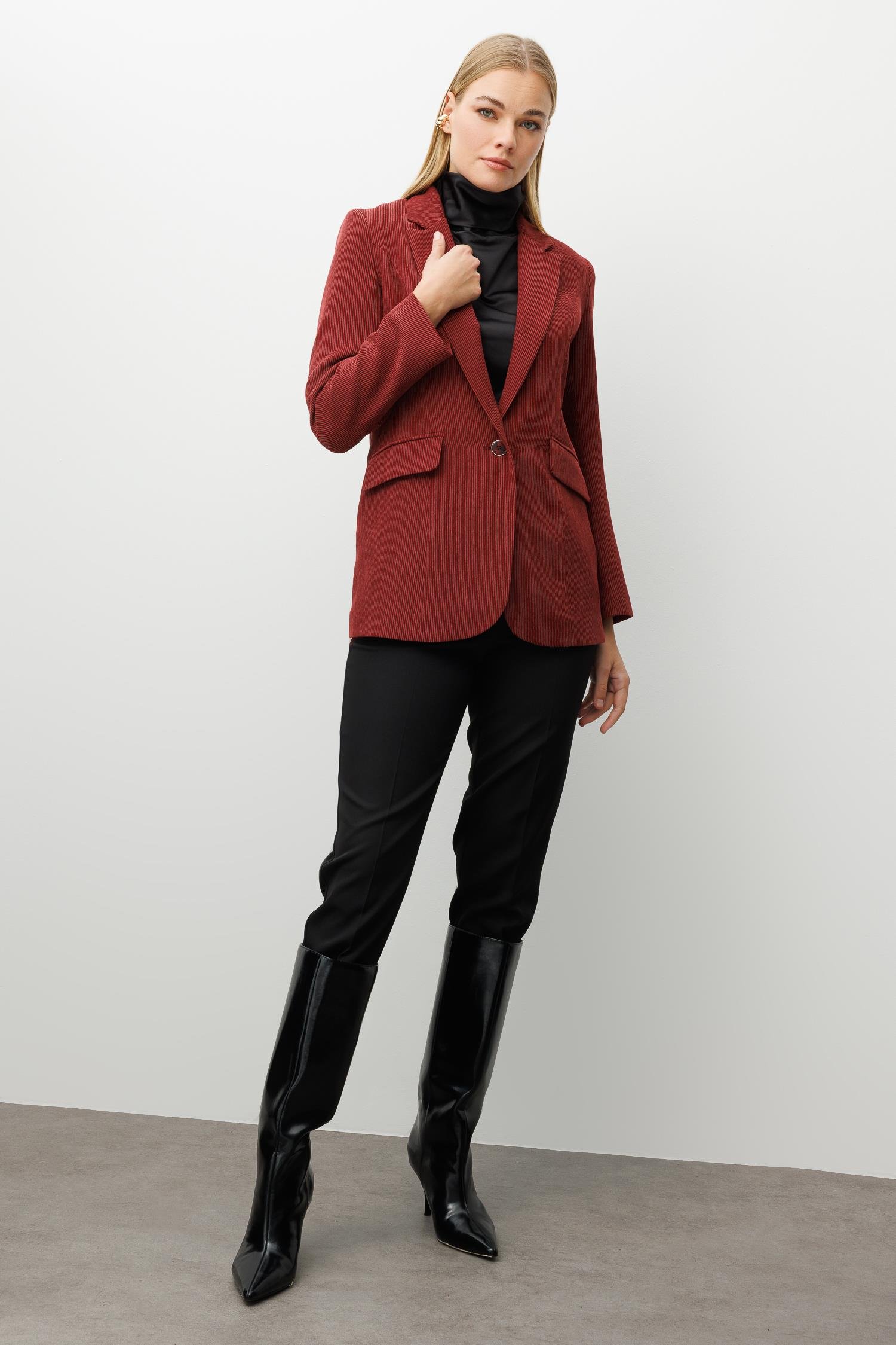 Modailgi  Fitilli Kadife Tek Düğme Klasik Ceket Bordo