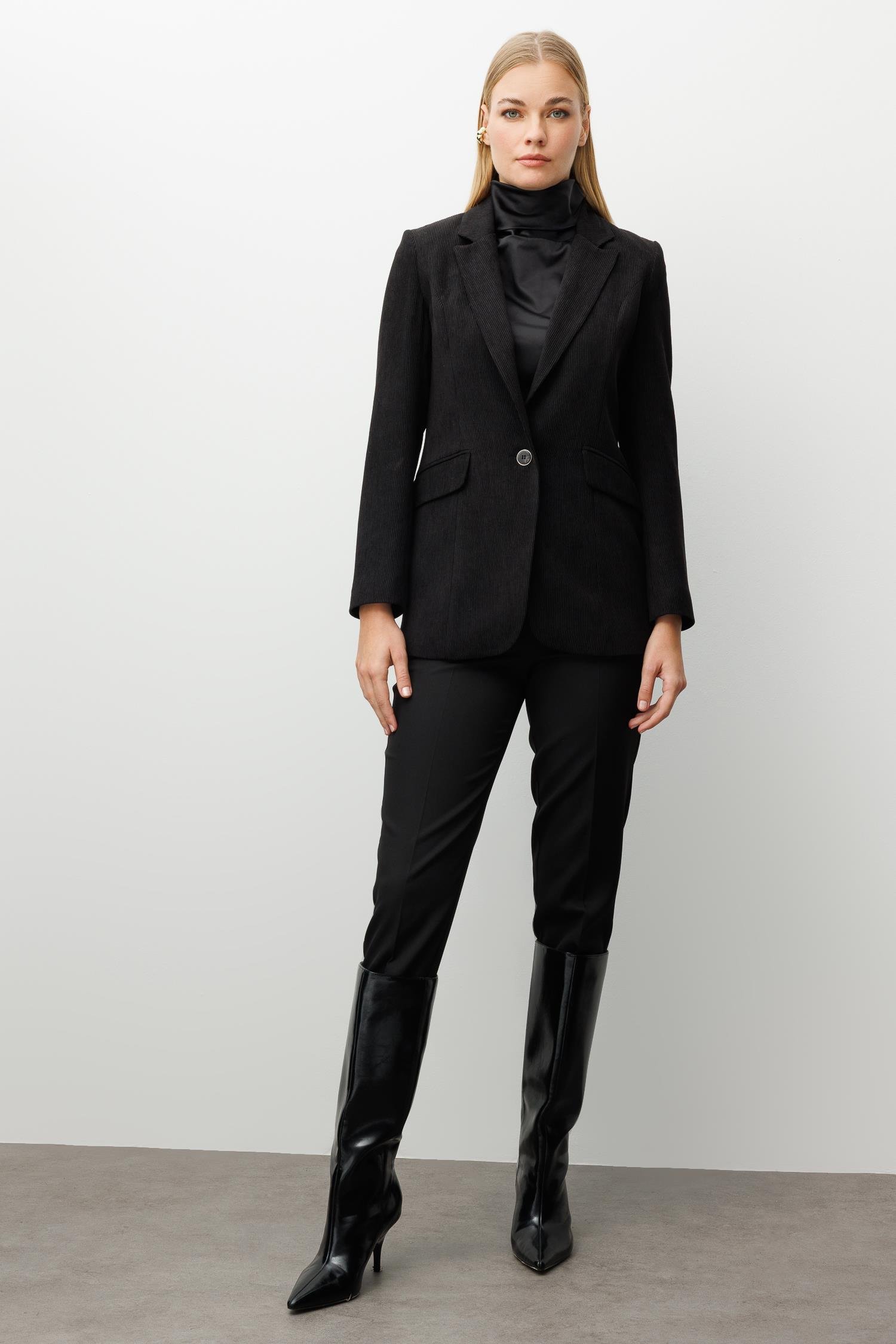 Modailgi  Fitilli Kadife Tek Düğme Klasik Ceket Siyah