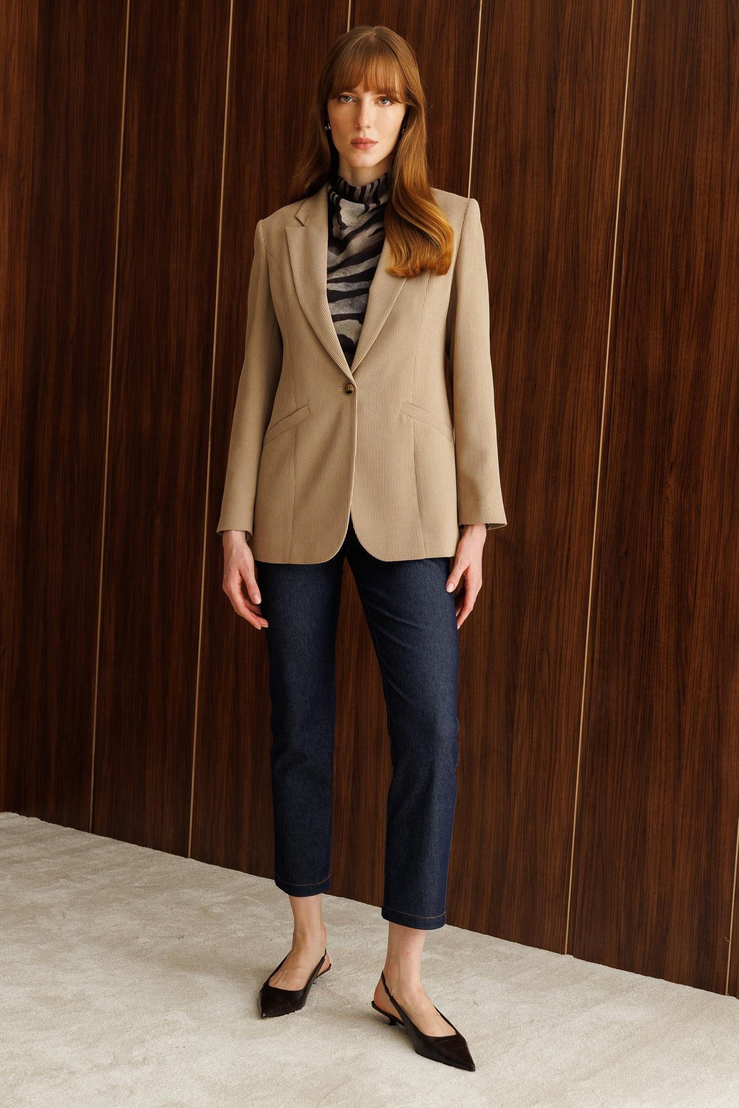 Modailgi  Fitilli Kadife Tek Düğme Klasik Ceket Vizon