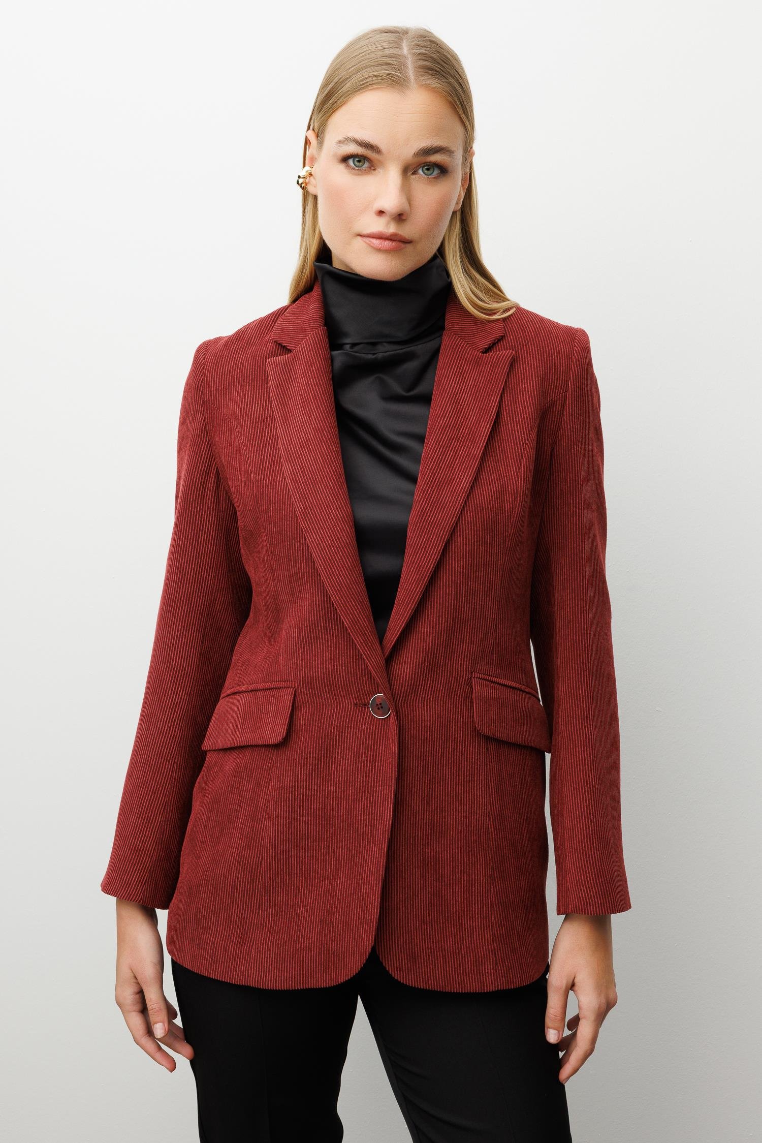 Modailgi  Fitilli Kadife Tek Düğme Klasik Ceket Bordo
