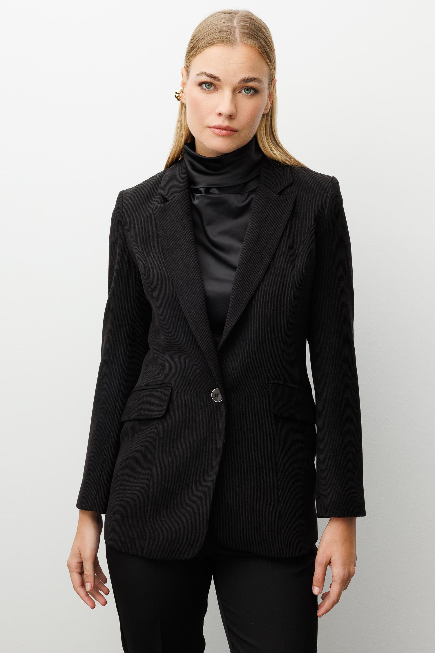 Modailgi  Fitilli Kadife Tek Düğme Klasik Ceket Siyah