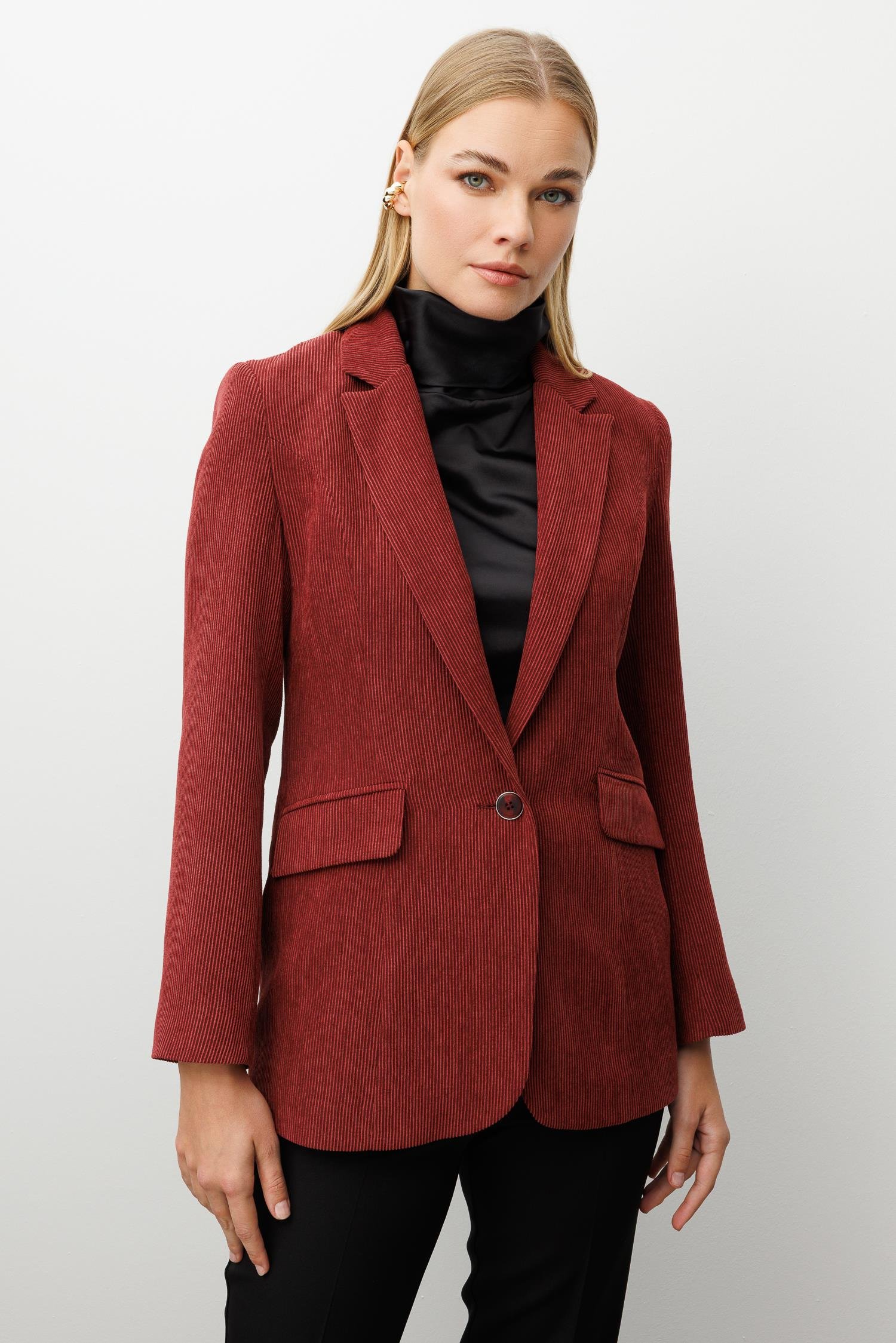 Modailgi  Fitilli Kadife Tek Düğme Klasik Ceket Bordo