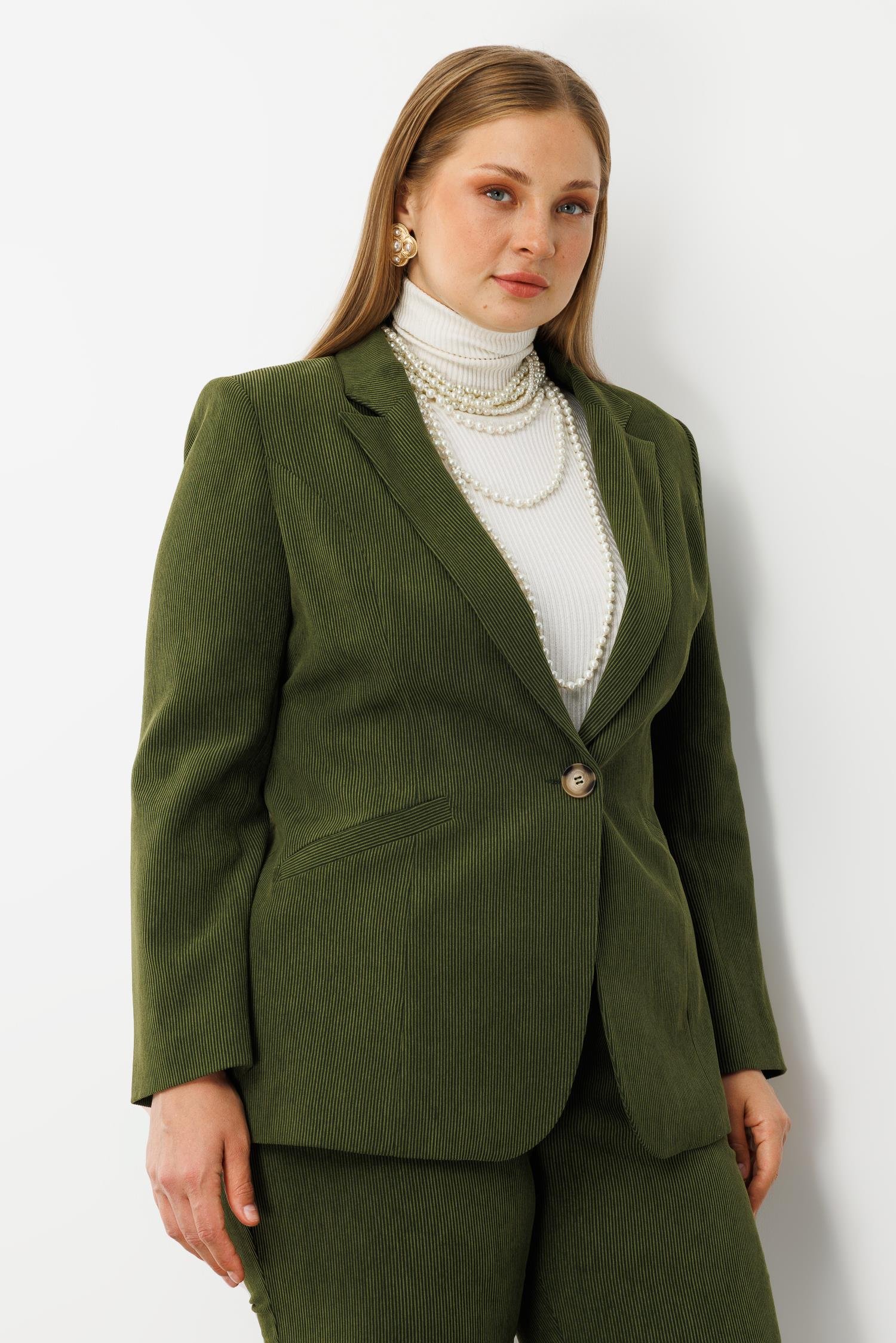 Modailgi  Fitilli Tek Düğme Mono Yaka Ceket Yeşil