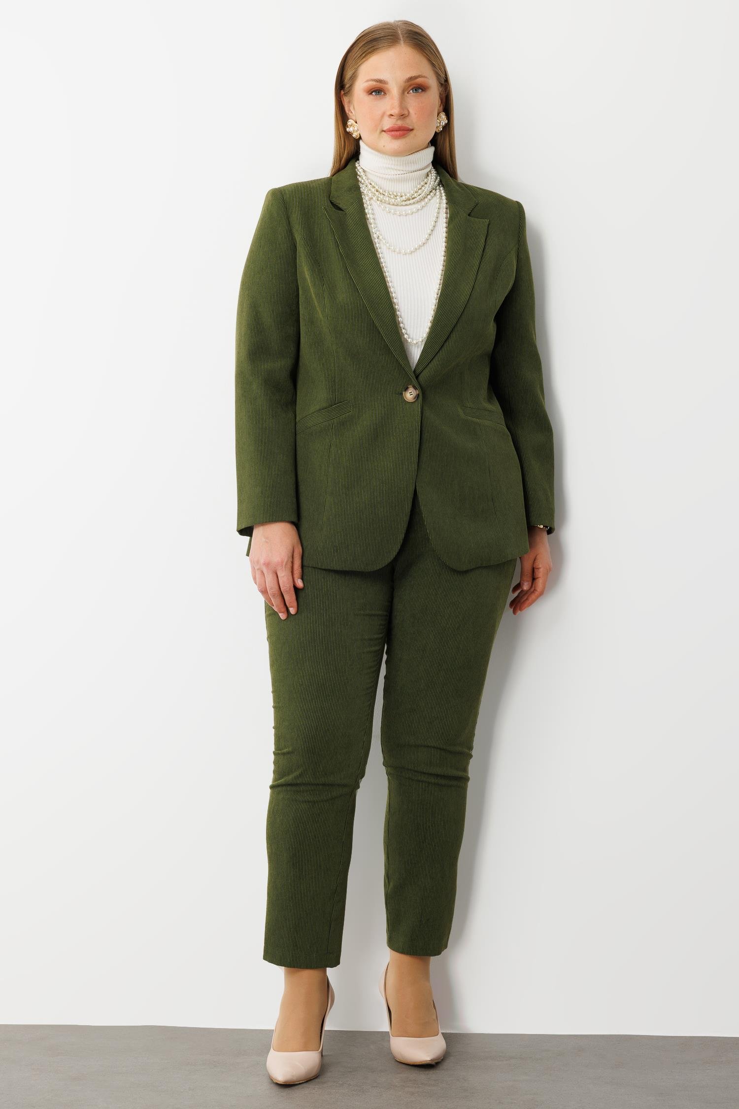 Modailgi  Fitilli Tek Düğme Mono Yaka Ceket Yeşil