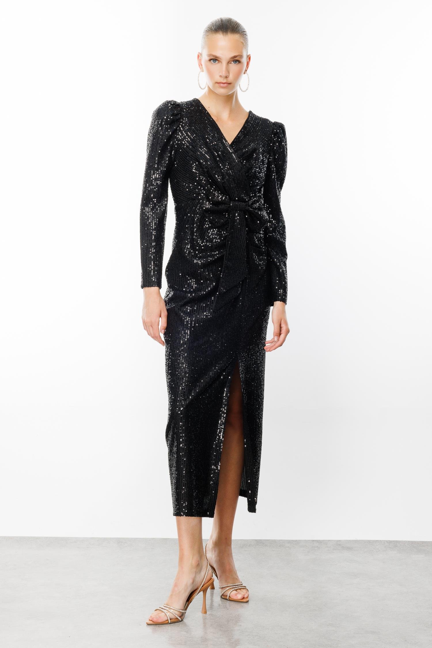 Modailgi  Fiyonk Detaylı Payet Elbise Siyah