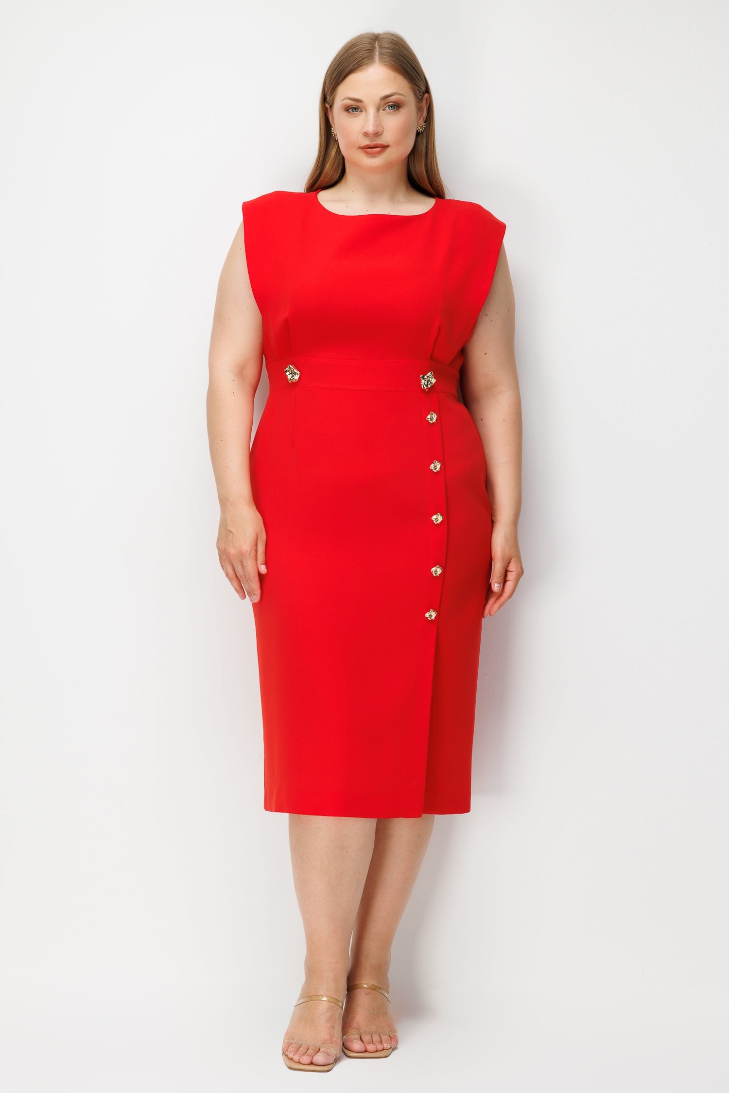 Modailgi  Geniş Omuz Düğme Detaylı Kolsuz Elbise Nar