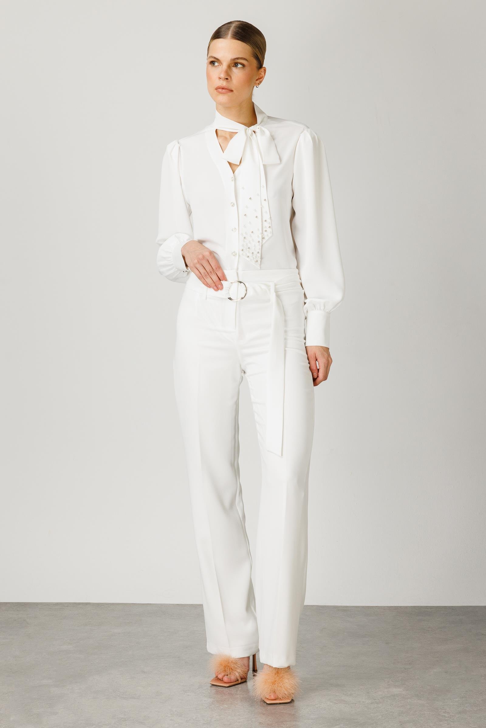 Modailgi  Geniş Paça Kemerli Pantolon Ekru