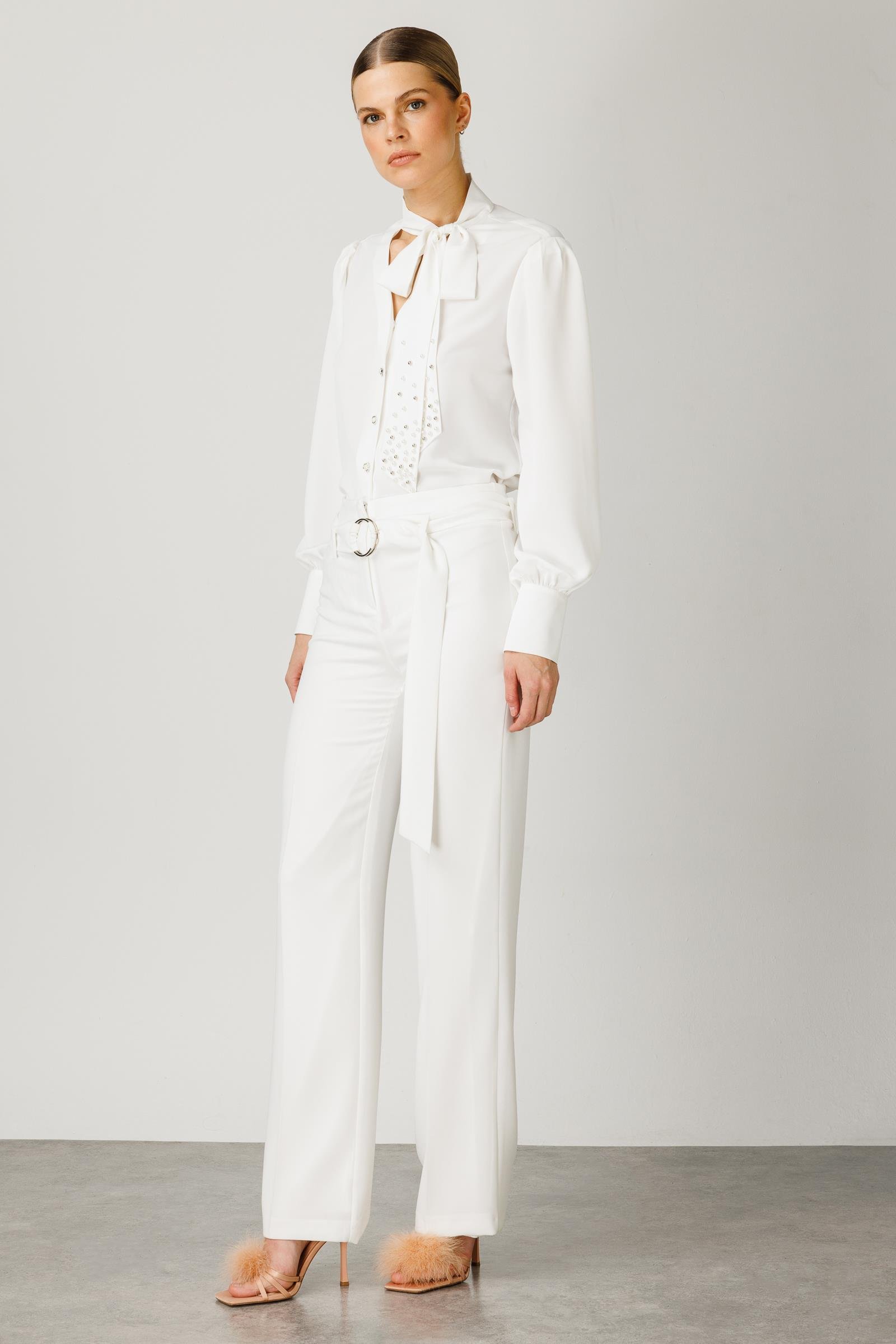 Modailgi  Geniş Paça Kemerli Pantolon Ekru