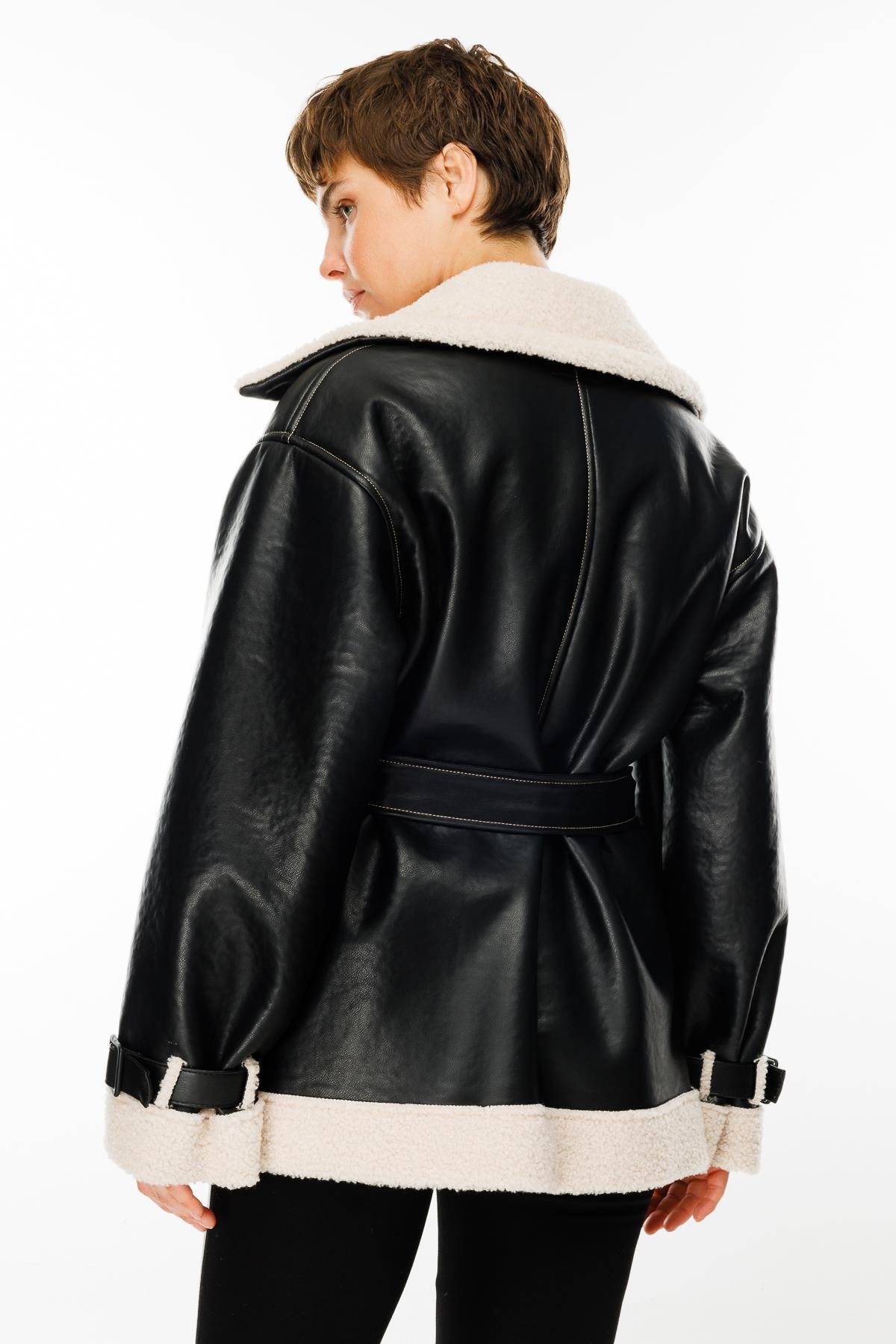 Modailgi  Geniş Yakalı İçi Peluşlu Kemerli Deri Mont Siyah