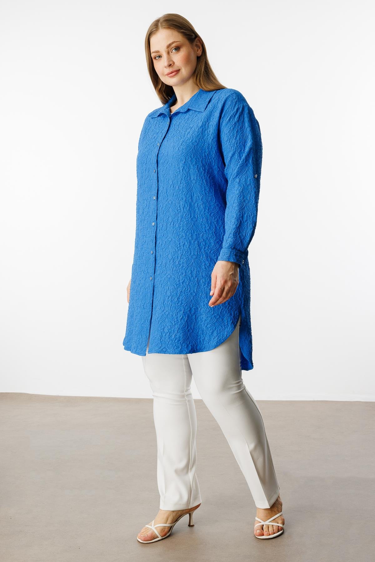 Modailgi  Gofre Kumaş Uzun Tunik Saks