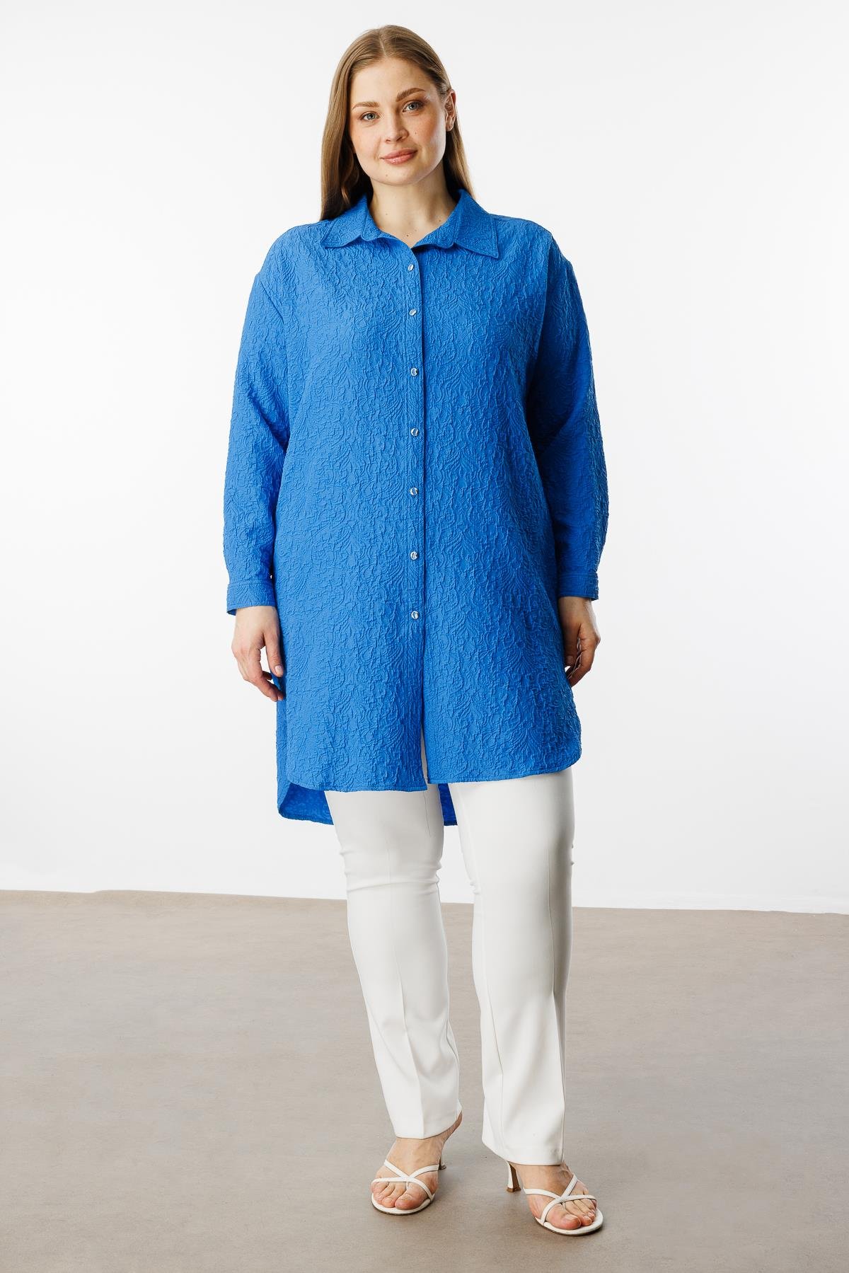 Modailgi  Gofre Kumaş Uzun Tunik Saks