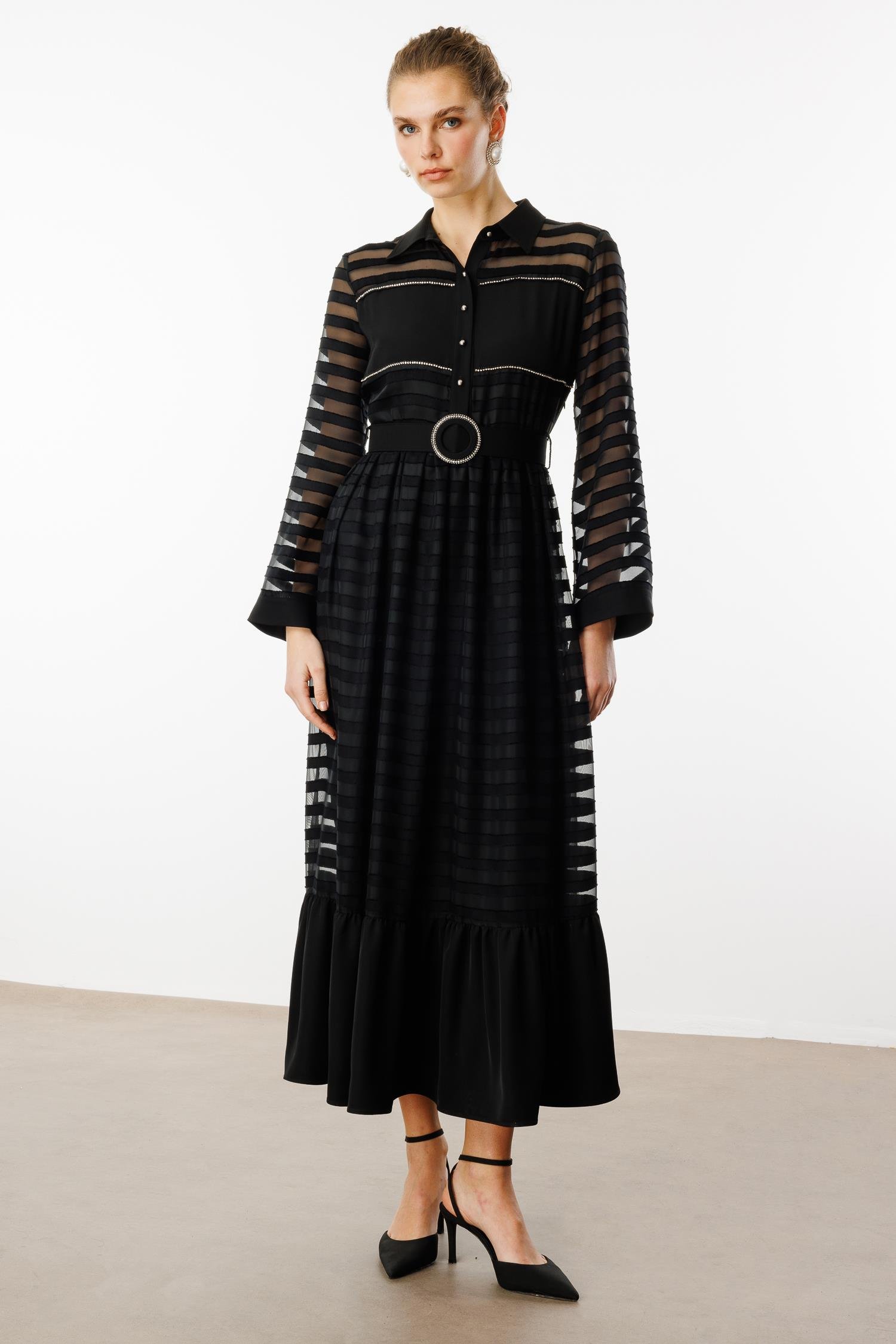 Modailgi  Gömlek Yakalı Kemerli Büzgülü Uzun Elbise Siyah