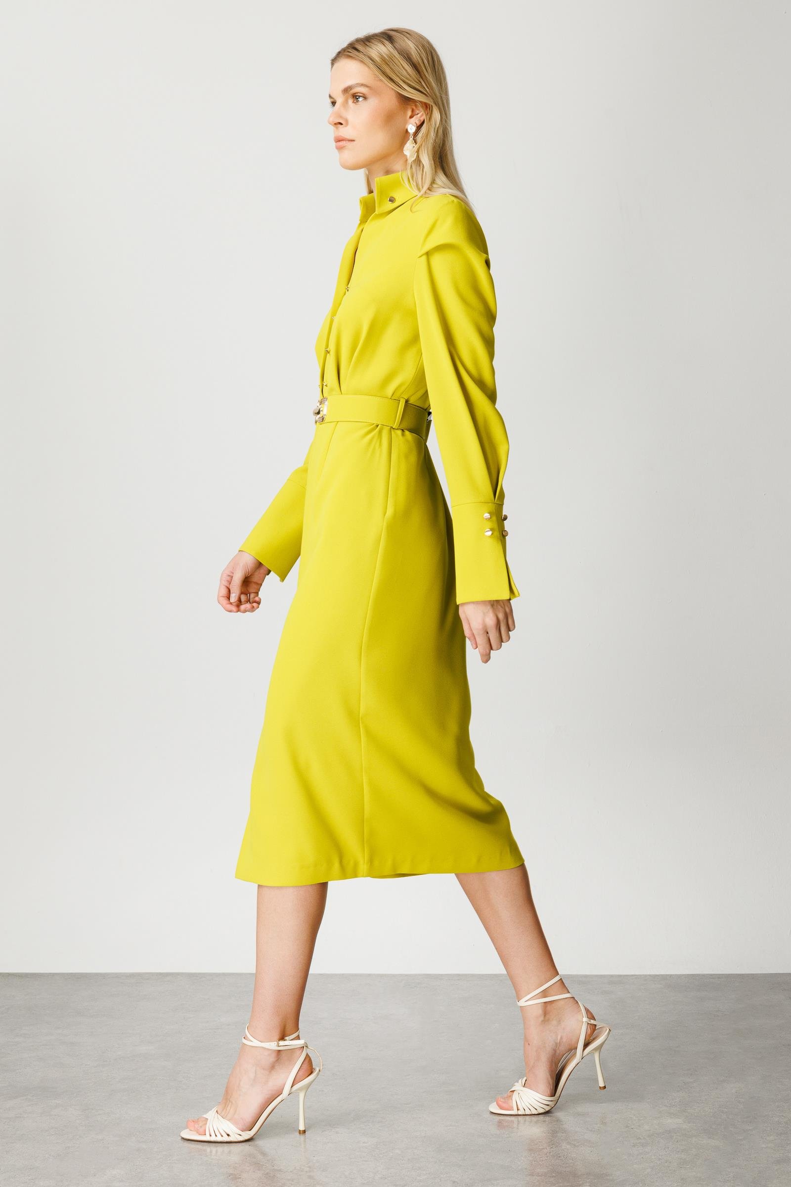 Modailgi  Gömlek Yakalı Önden Yırtmaçlı Midi Boy Elbise Asit