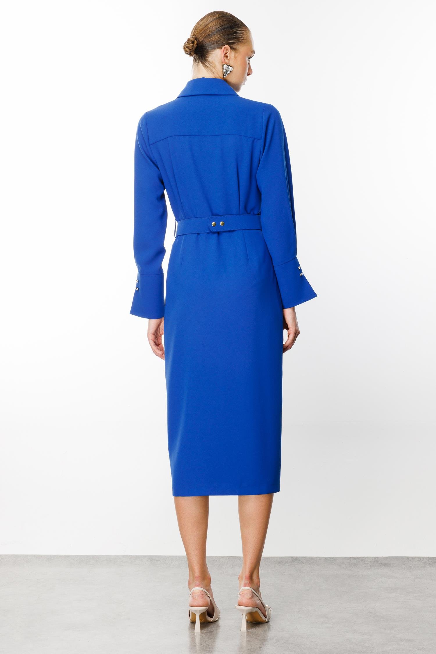 Modailgi  Gömlek Yakalı Önden Yırtmaçlı Midi Boy Elbise Saks