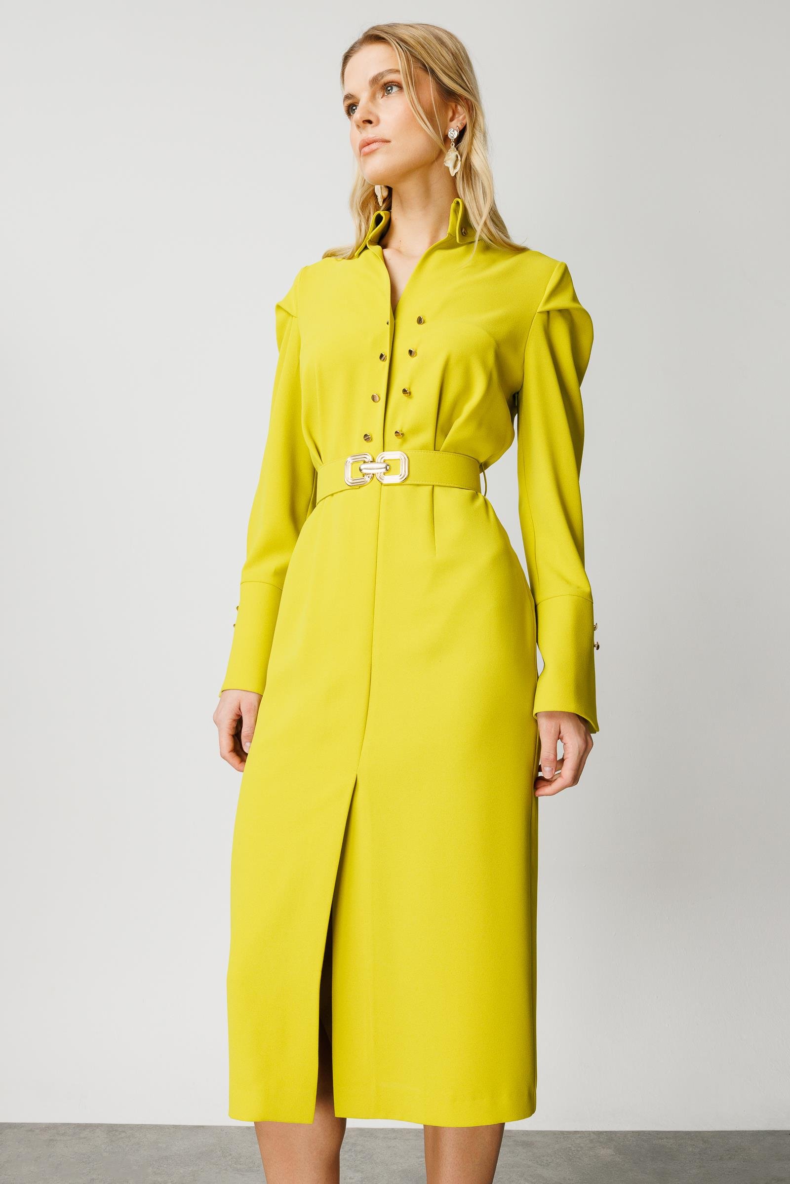 Modailgi  Gömlek Yakalı Önden Yırtmaçlı Midi Boy Elbise Asit